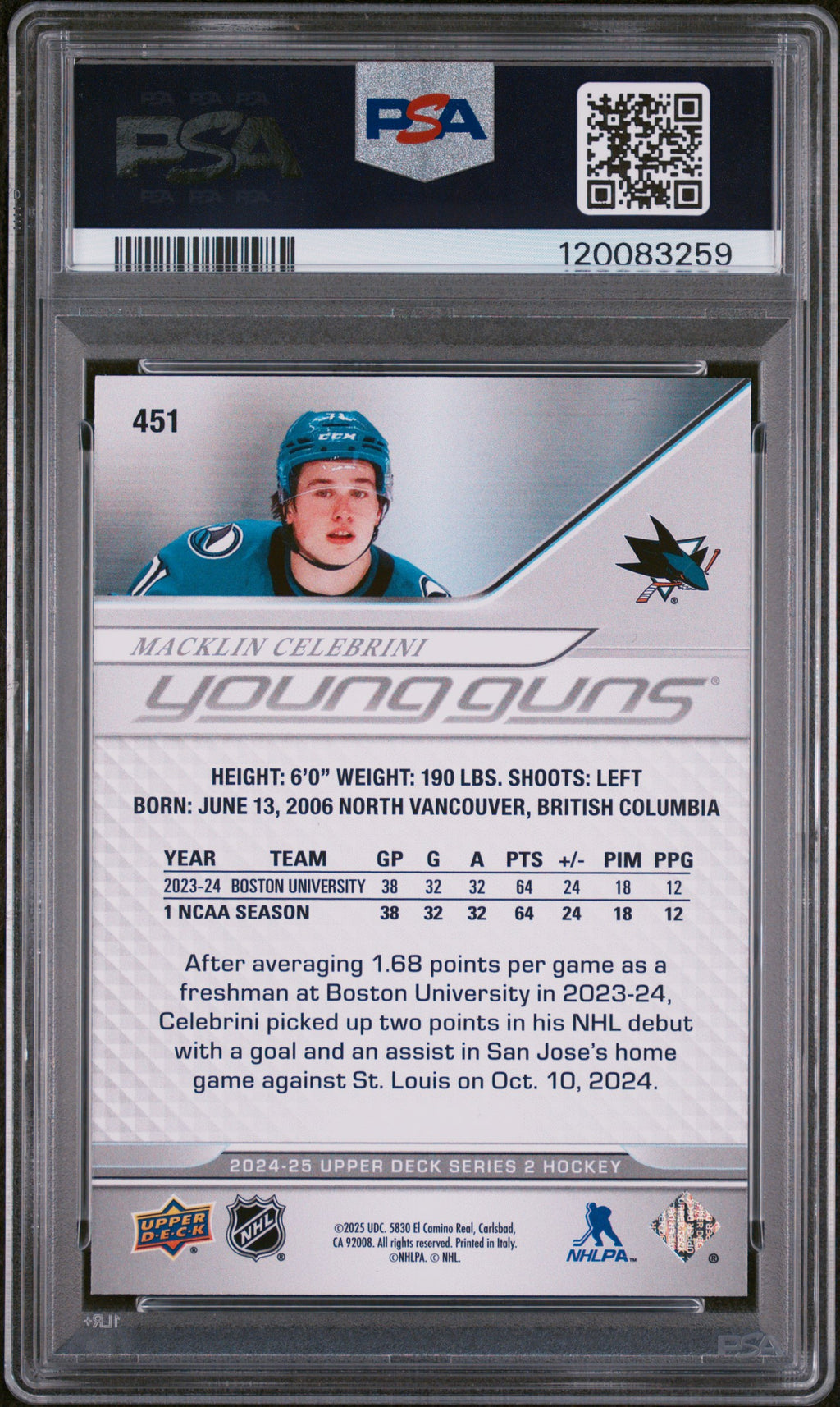 2024 Upper Deck #451 Macklin Celebrini PSA 10