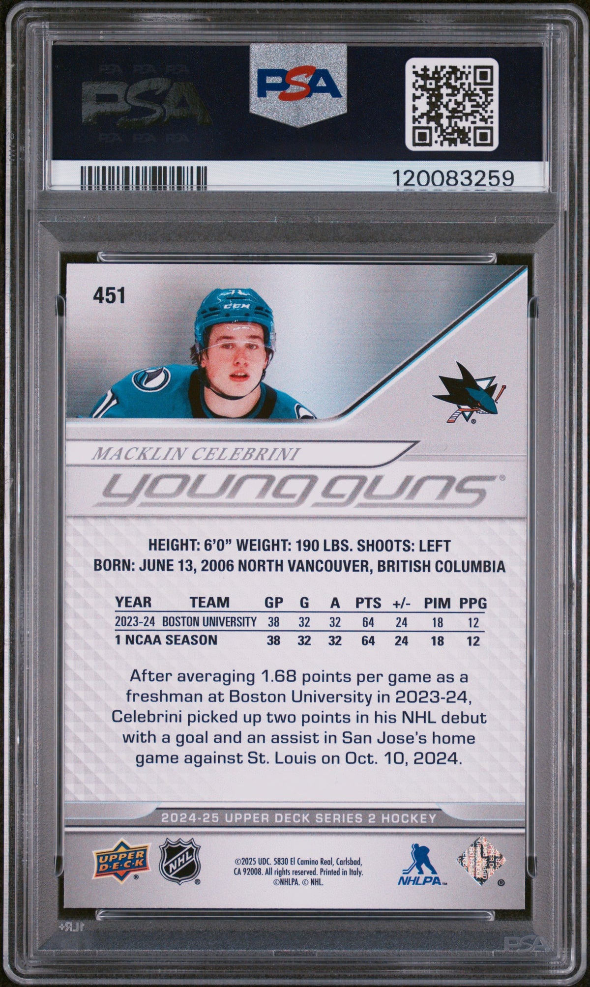 2024 Upper Deck #451 Macklin Celebrini PSA 10