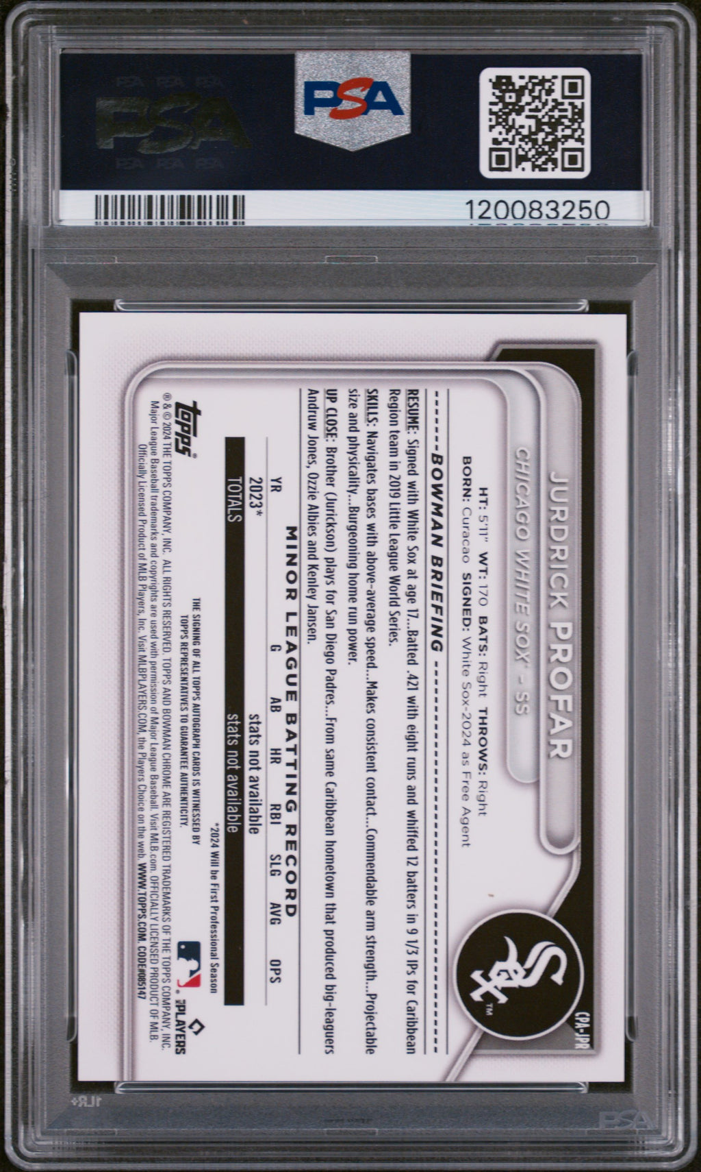 2024 Bowman Chrome Prospect Autographs #CPAJPR Jurdrick Profar Orange Ref PSA 9