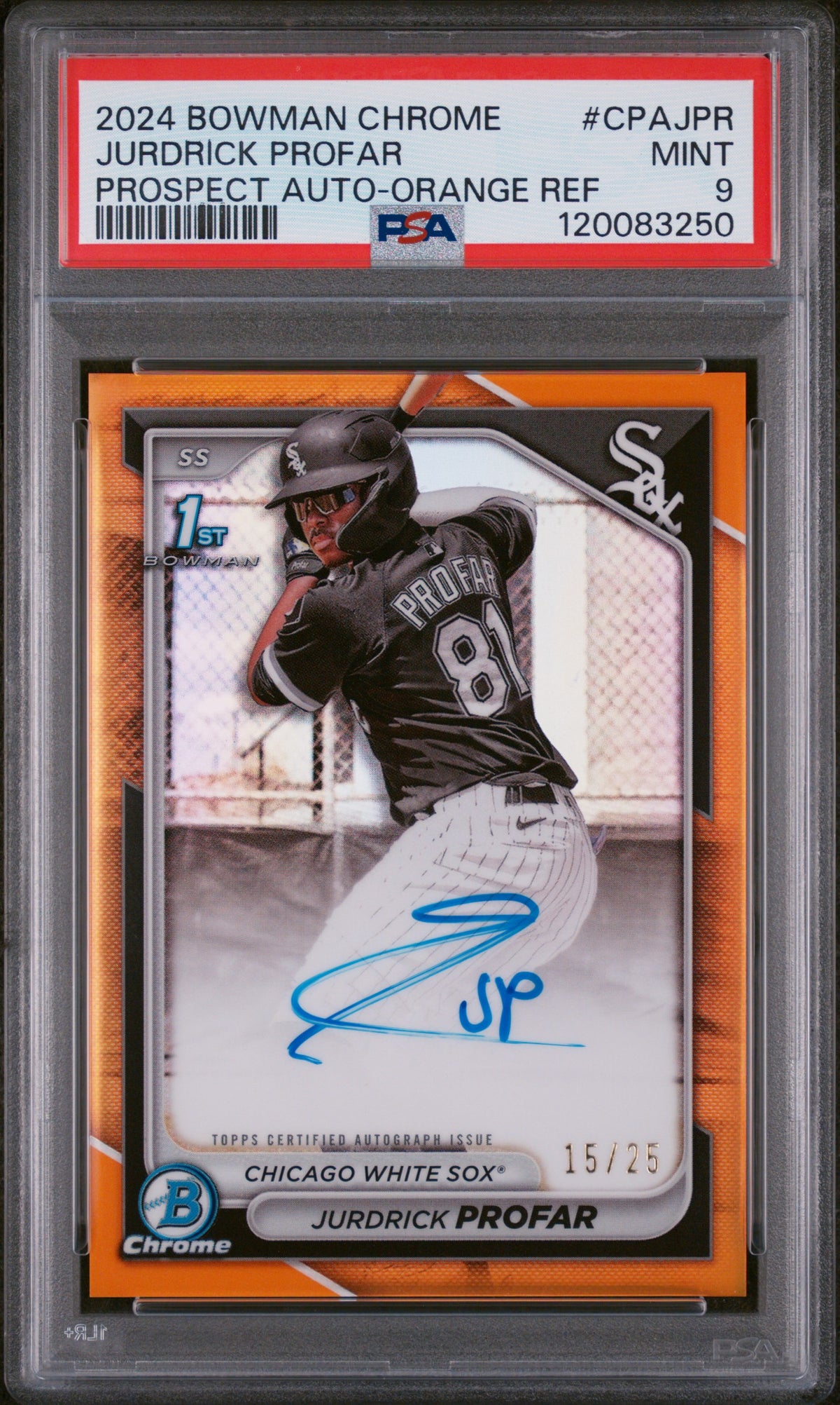 2024 Bowman Chrome Prospect Autographs #CPAJPR Jurdrick Profar Orange Ref PSA 9