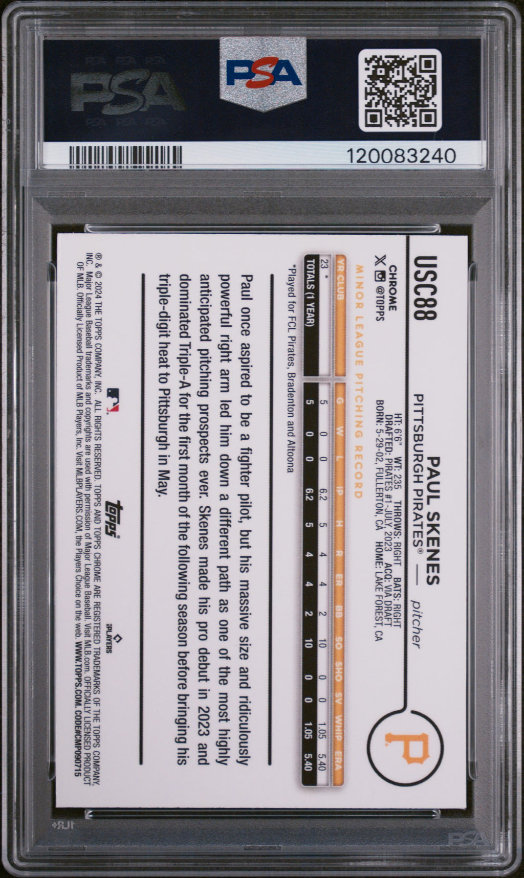 2024 Topps Chrome Update #USC88 Paul Skenes X-Fractor PSA 9