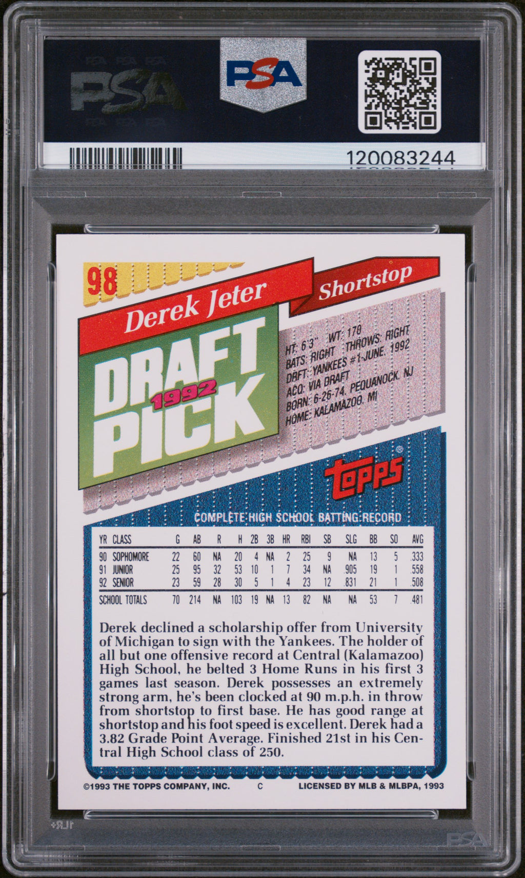 1993 Topps #98 Derek Jeter PSA 8
