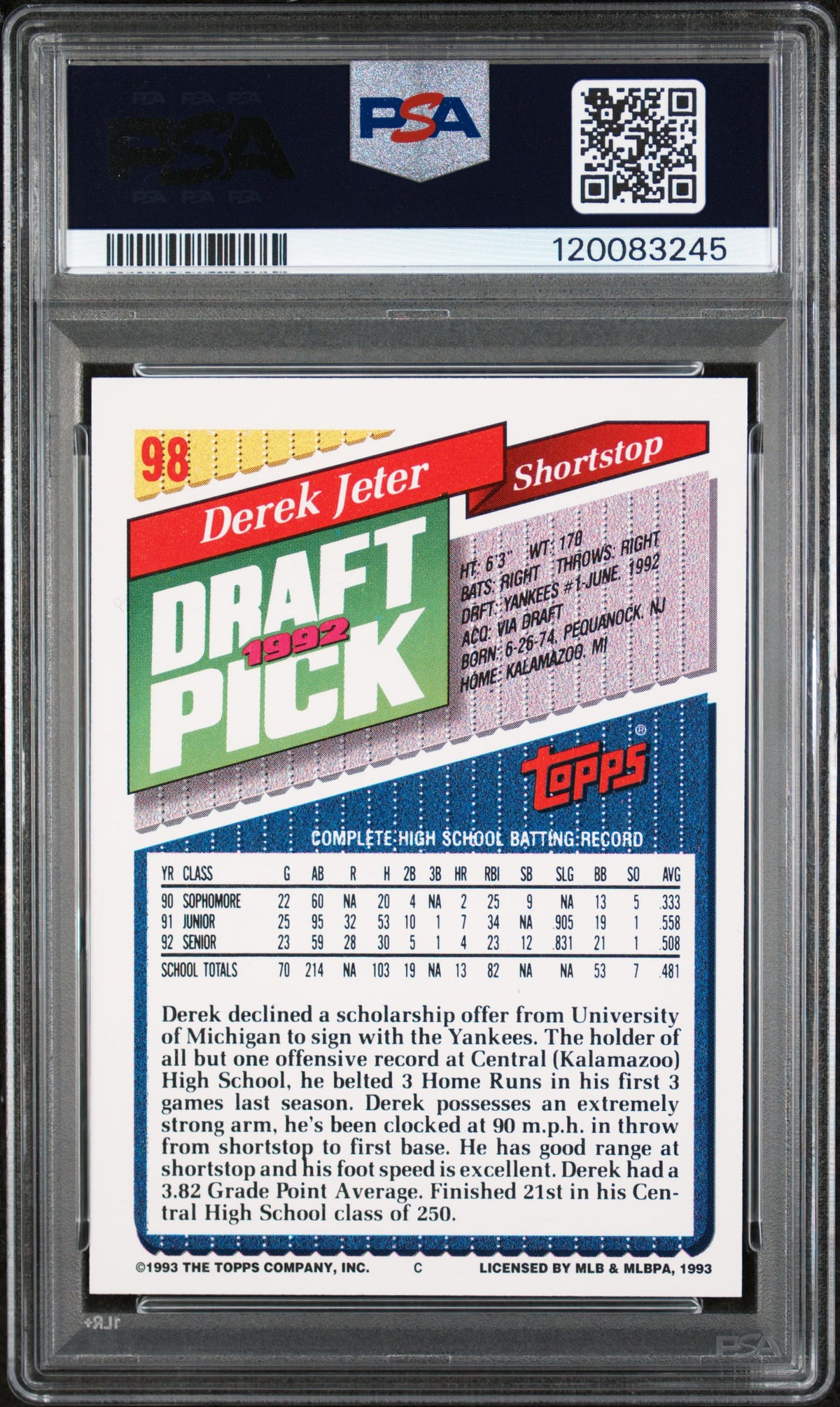 1993 Topps #98 Derek Jeter PSA 8