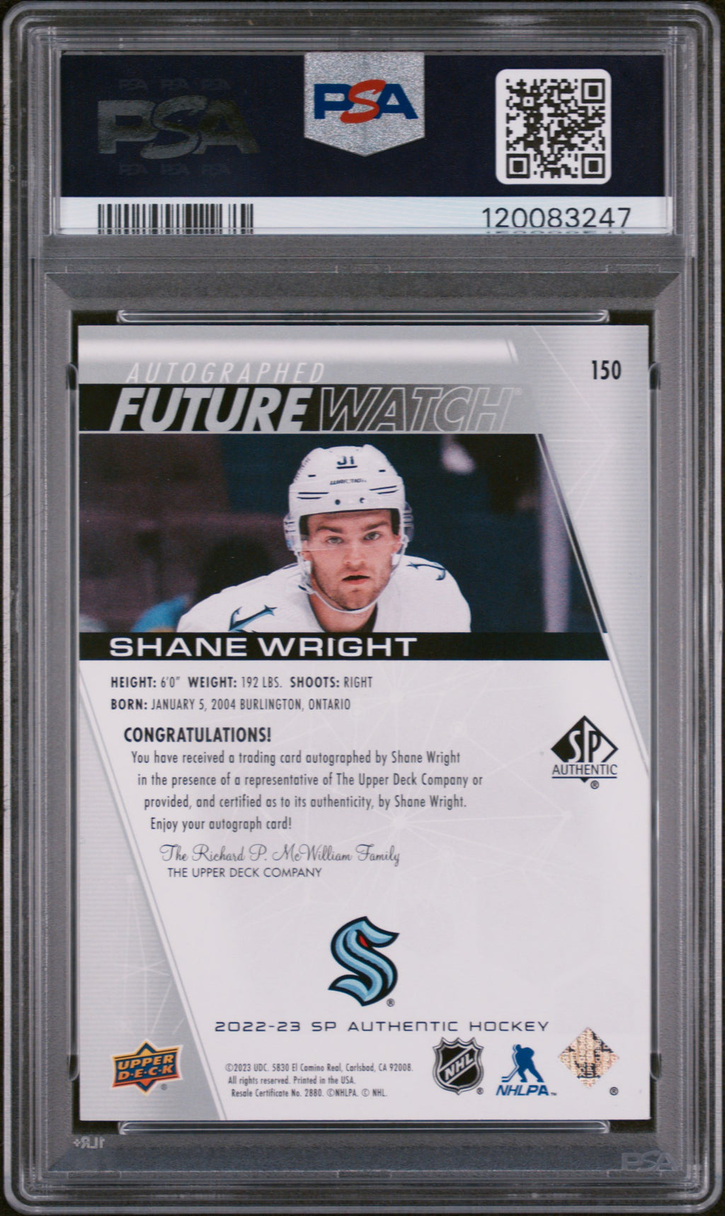 2022 Sp Authentic #150 Shane Wright Autograph PSA 10