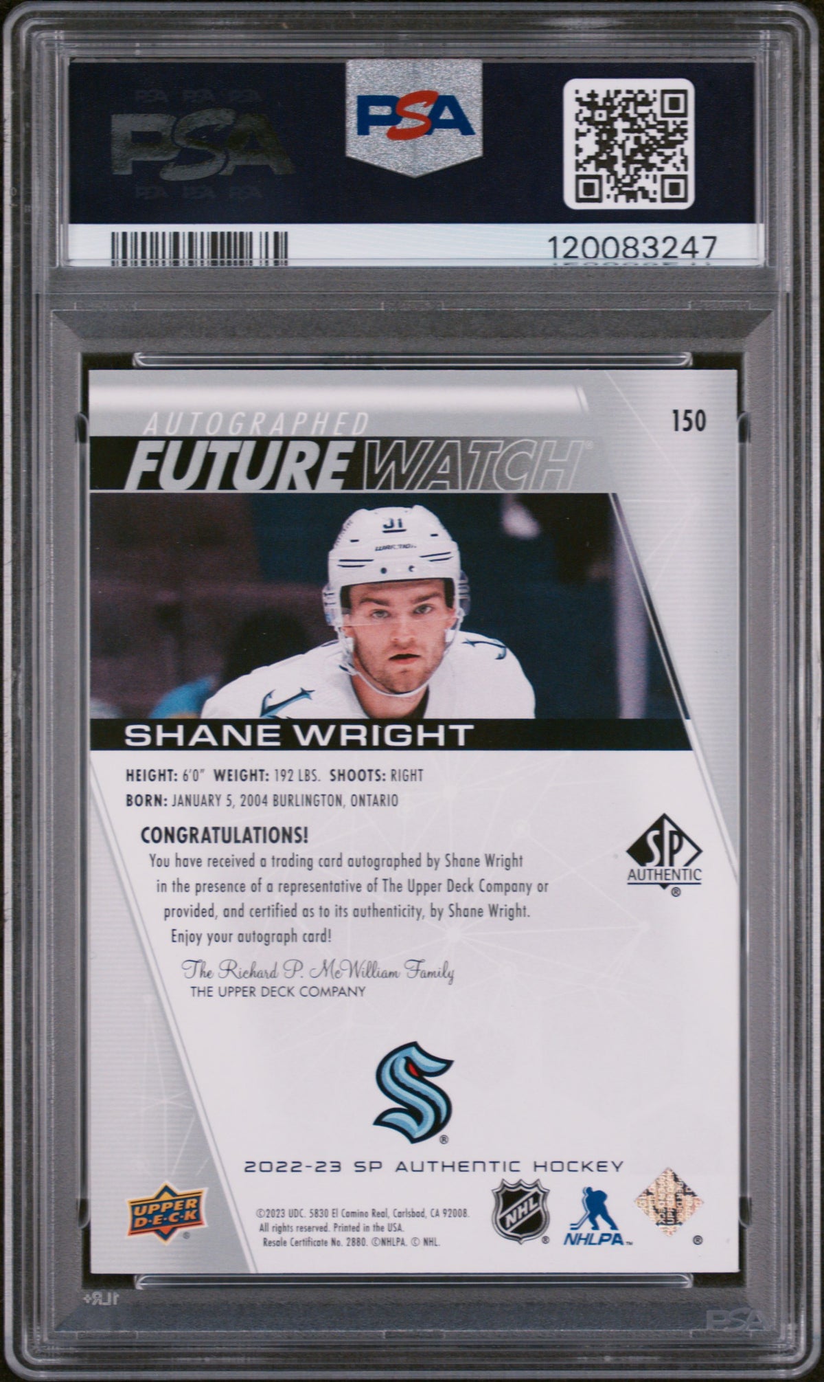 2022 Sp Authentic #150 Shane Wright Autograph PSA 10