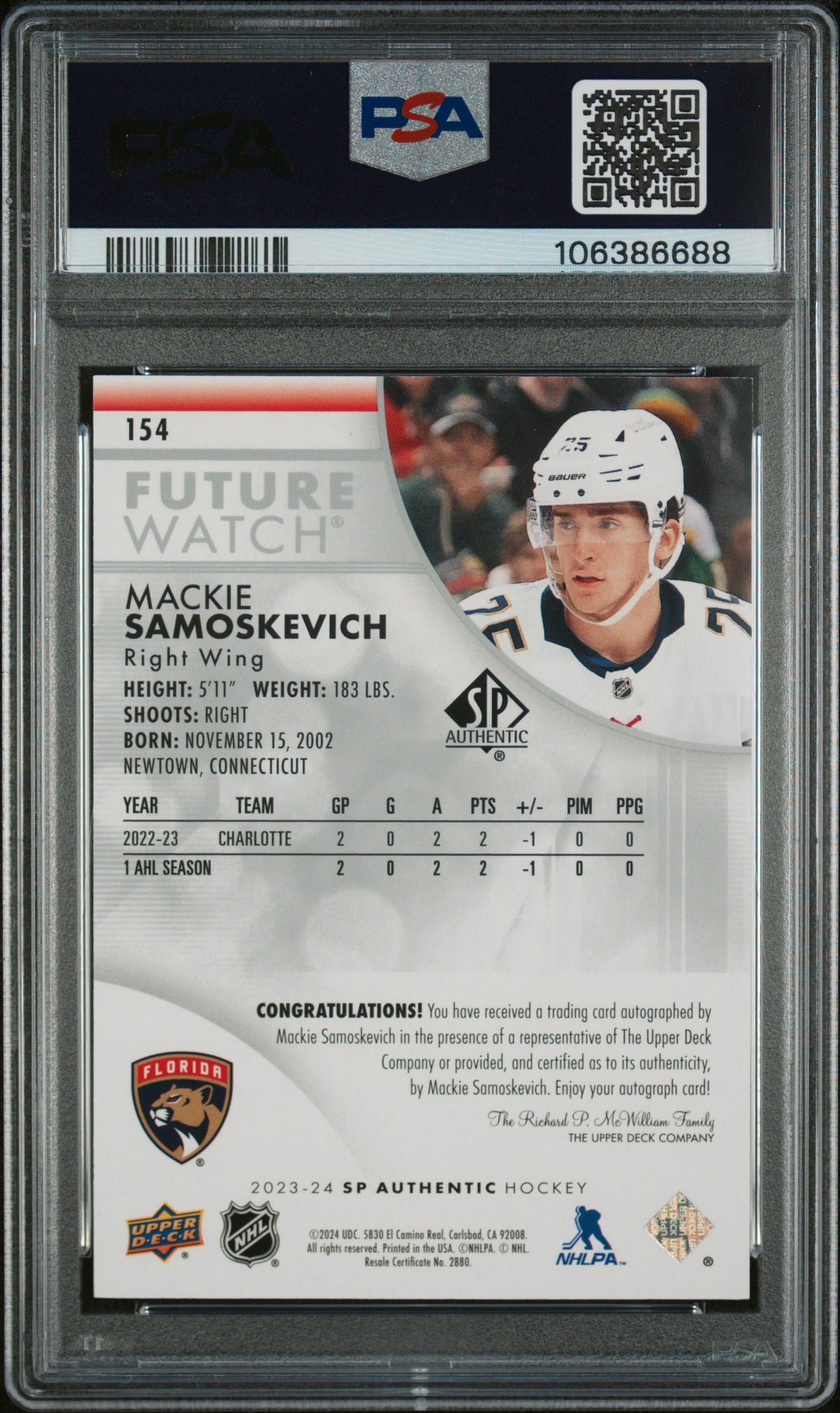 2023 Sp Authentic #154 Mackie Samoskevich Autograph-Inscription PSA 10