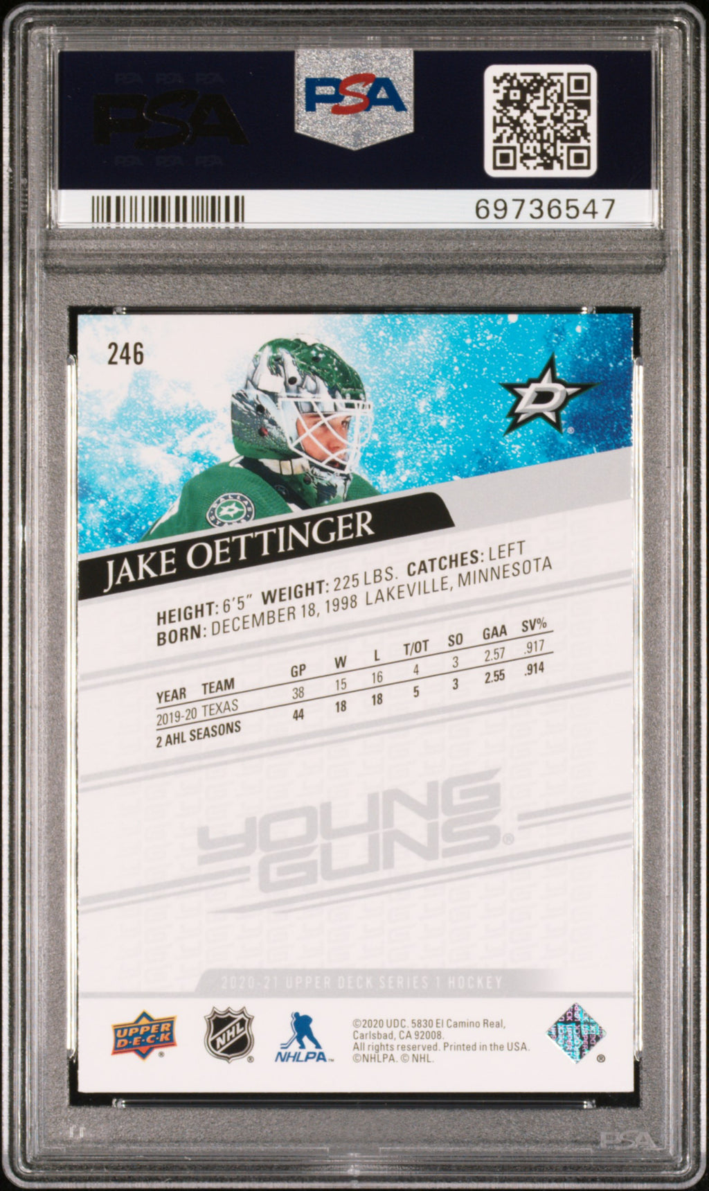 2020 Upper Deck #246 Jake Oettinger PSA 10