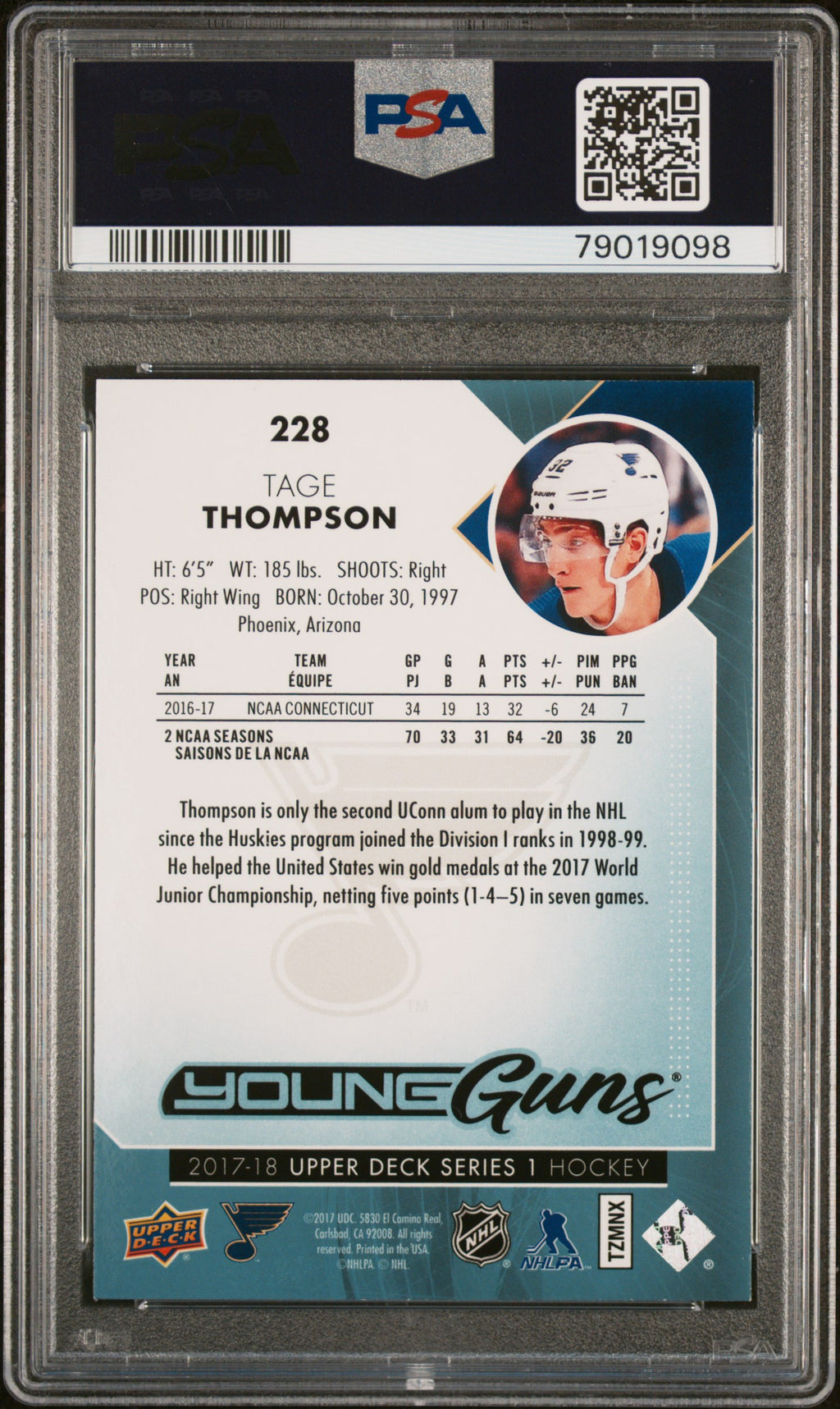 2017 Upper Deck #228 Tage Thompson PSA 9
