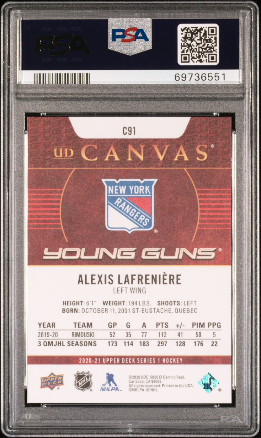 2020 Upper Deck Ud Canvas #C91 Alexis Lafreniere Ud Canvas PSA 10