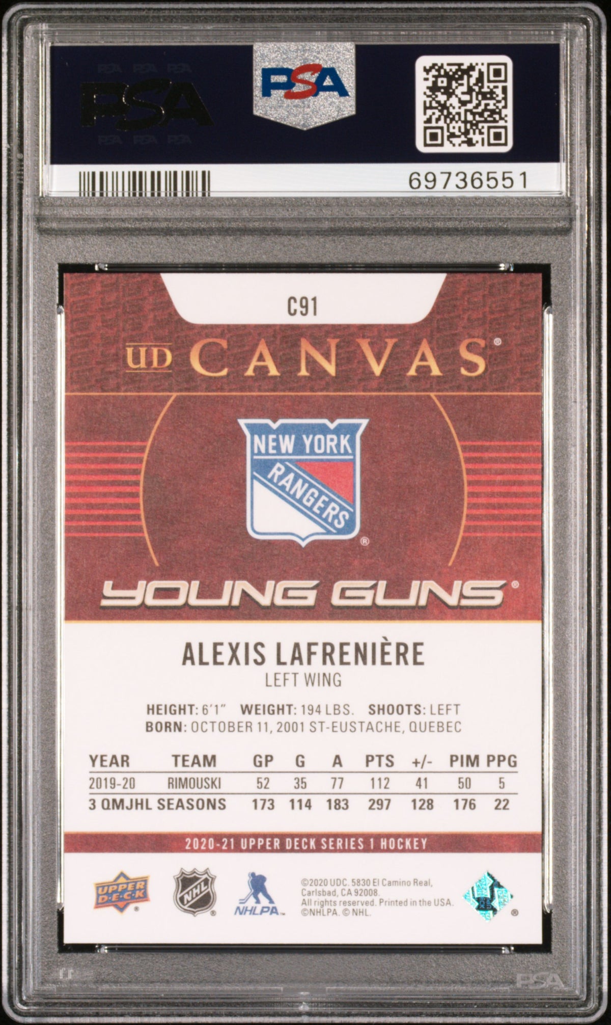 2020 Upper Deck Ud Canvas #C91 Alexis Lafreniere Ud Canvas PSA 10