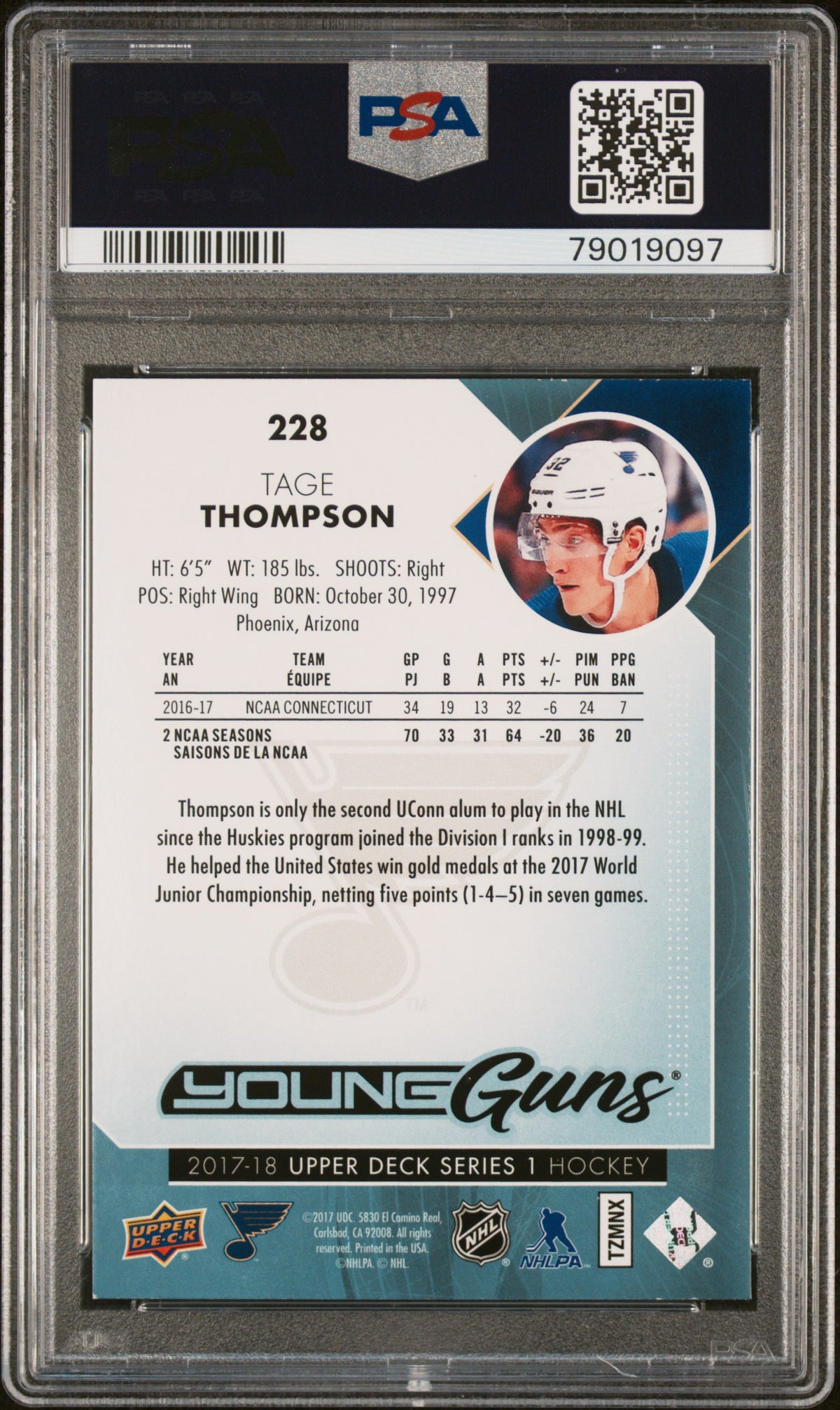 2017 Upper Deck #228 Tage Thompson PSA 10