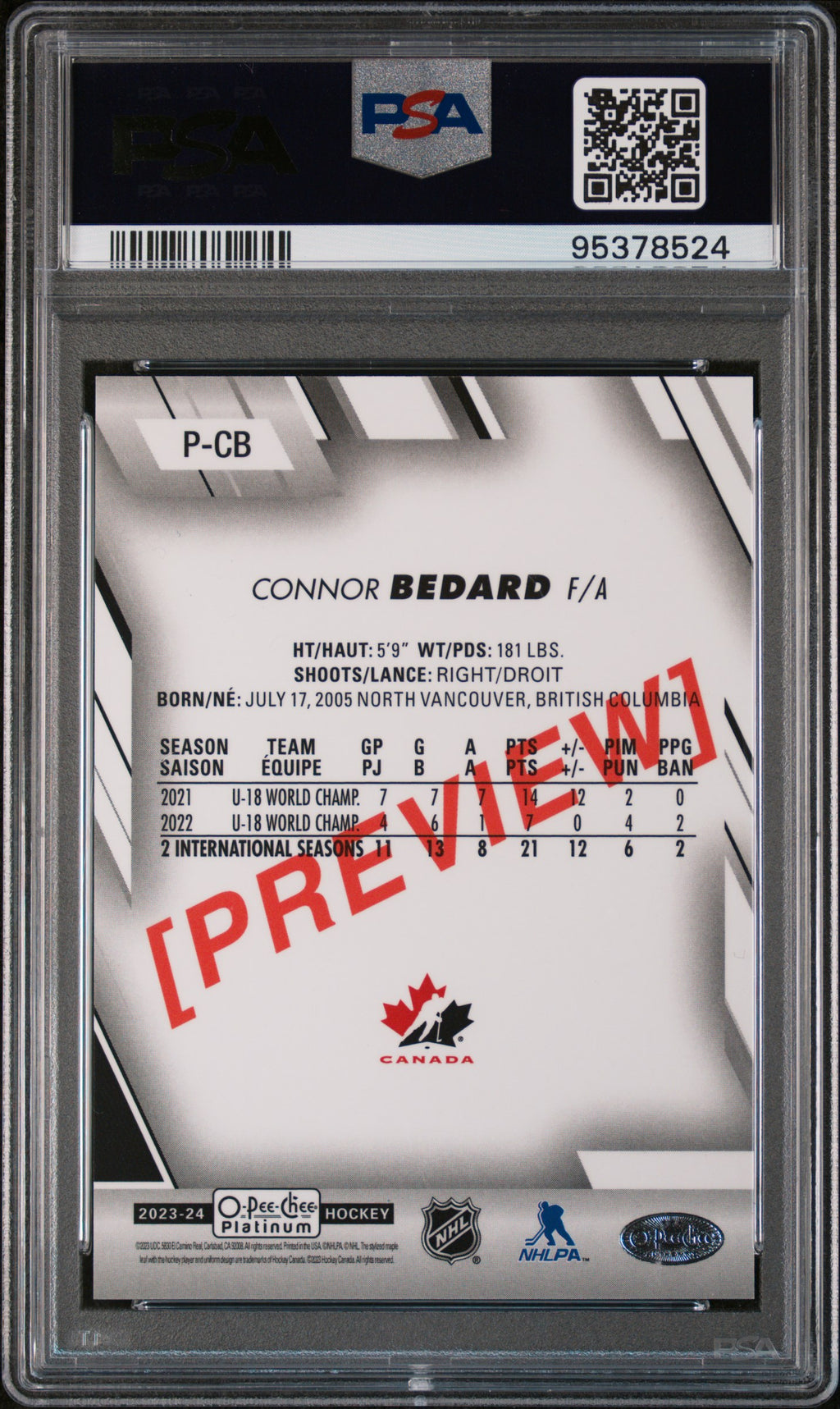 2023 Upper Deck OPC 2023-24 Platinum Previews #PCB Connor Bedard '23 PSA 10