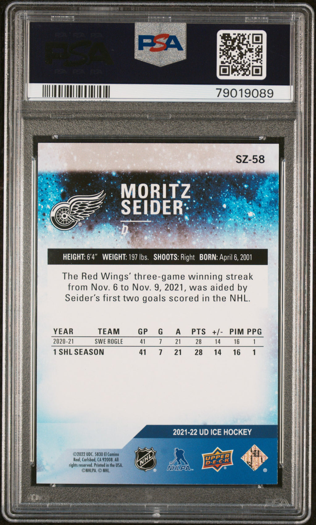 2021 Upper Deck Ice Subzero #SZ58 Moritz Seider Subzero-Gold PSA 10