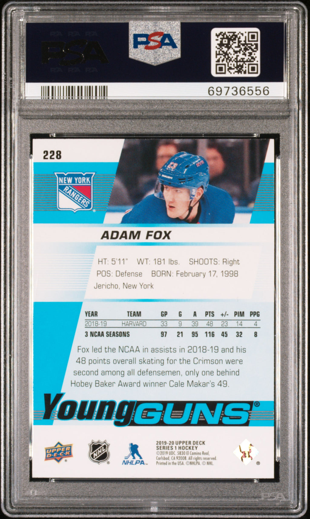 2019 Upper Deck #228 Adam Fox PSA 10