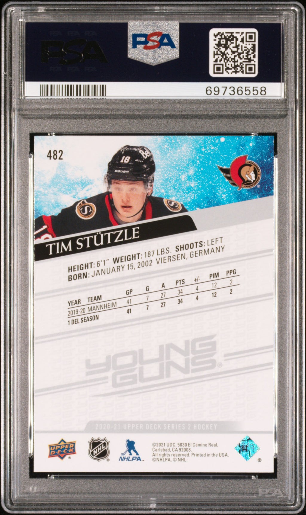 2020 Upper Deck #482 Tim Stutzle PSA 9
