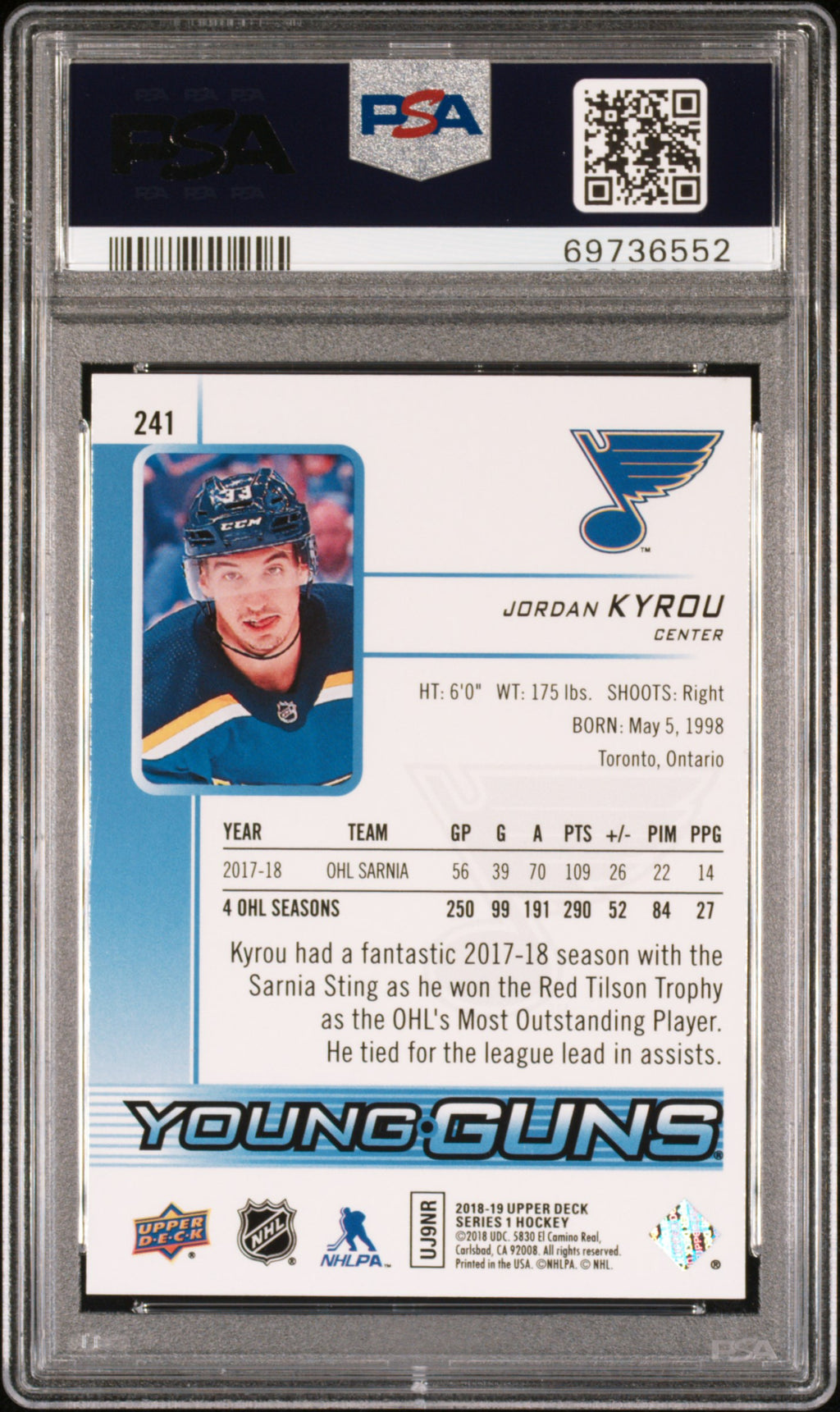 2018 Upper Deck #241 Jordan Kyrou Silver Foil PSA 9
