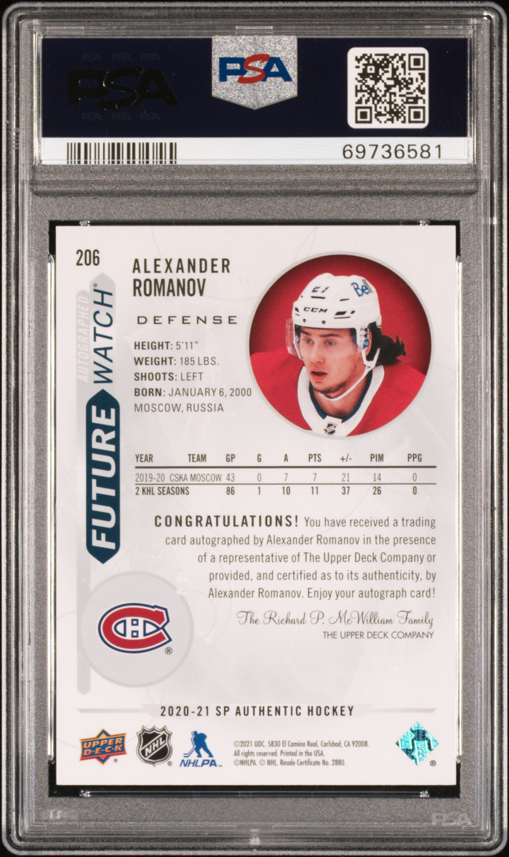 2020 Sp Authentic #206 Alexander Romanov Autograph-Inscription PSA 10