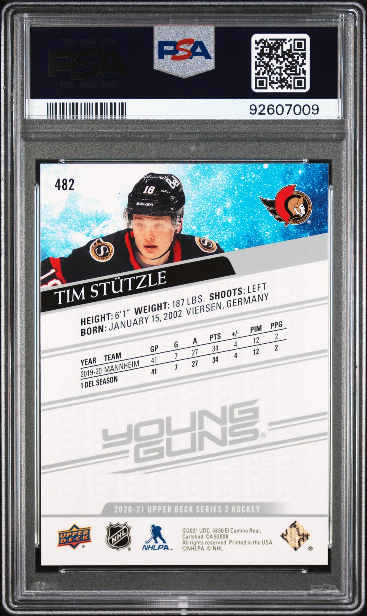 2020 Upper Deck #482 Tim Stutzle PSA 9