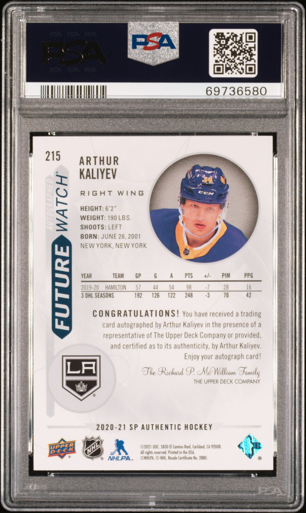 2020 Sp Authentic #215 Arthur Kaliyev Autograph PSA 10