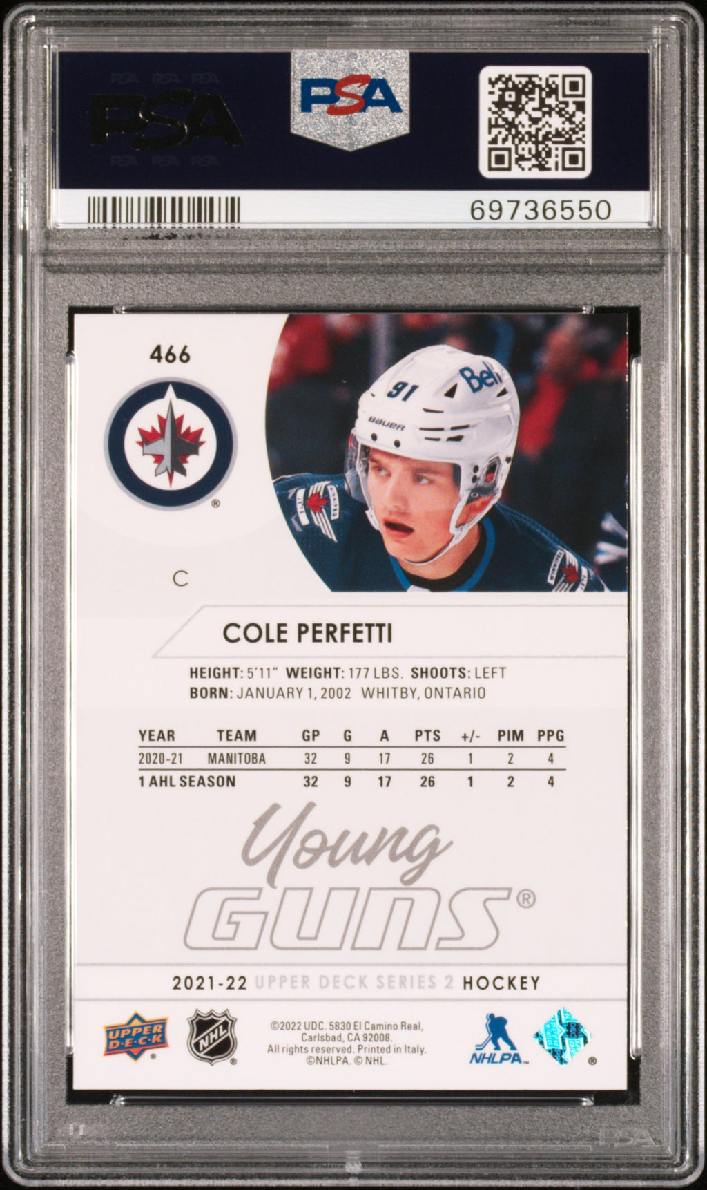 2021-2022 Upper Deck #466 Cole Perfetti PSA 10