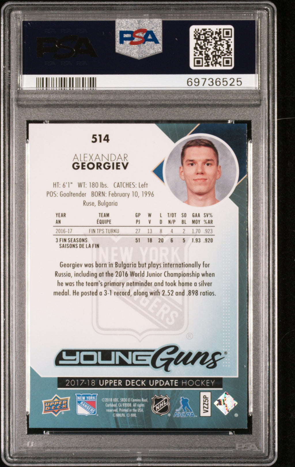 2017 SPA Upper Deck Update #514 Alexandar Georgiev Upper Deck Young Guns PSA 9