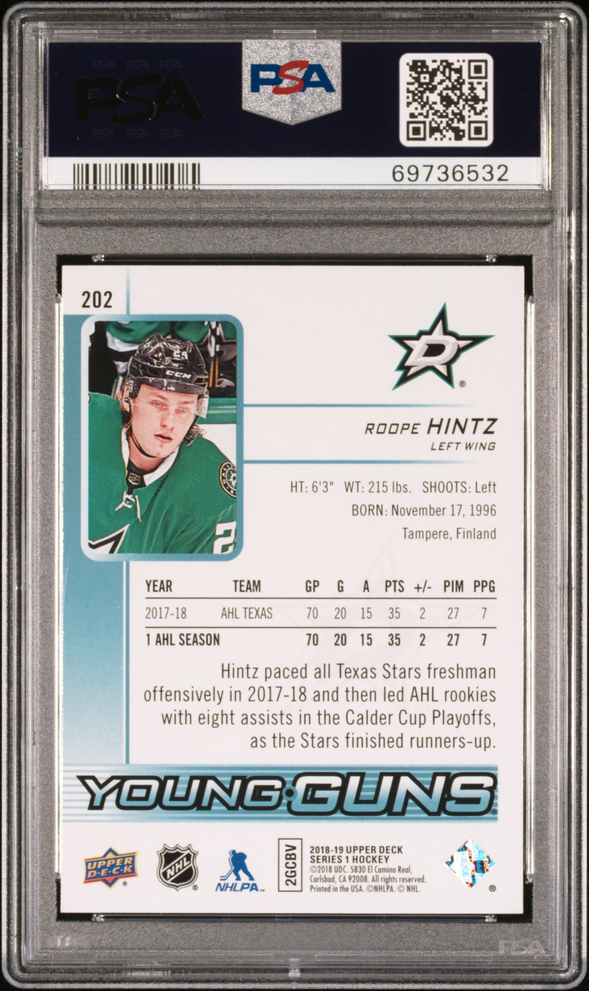 2018 Upper Deck #202 Roope Hintz PSA 10