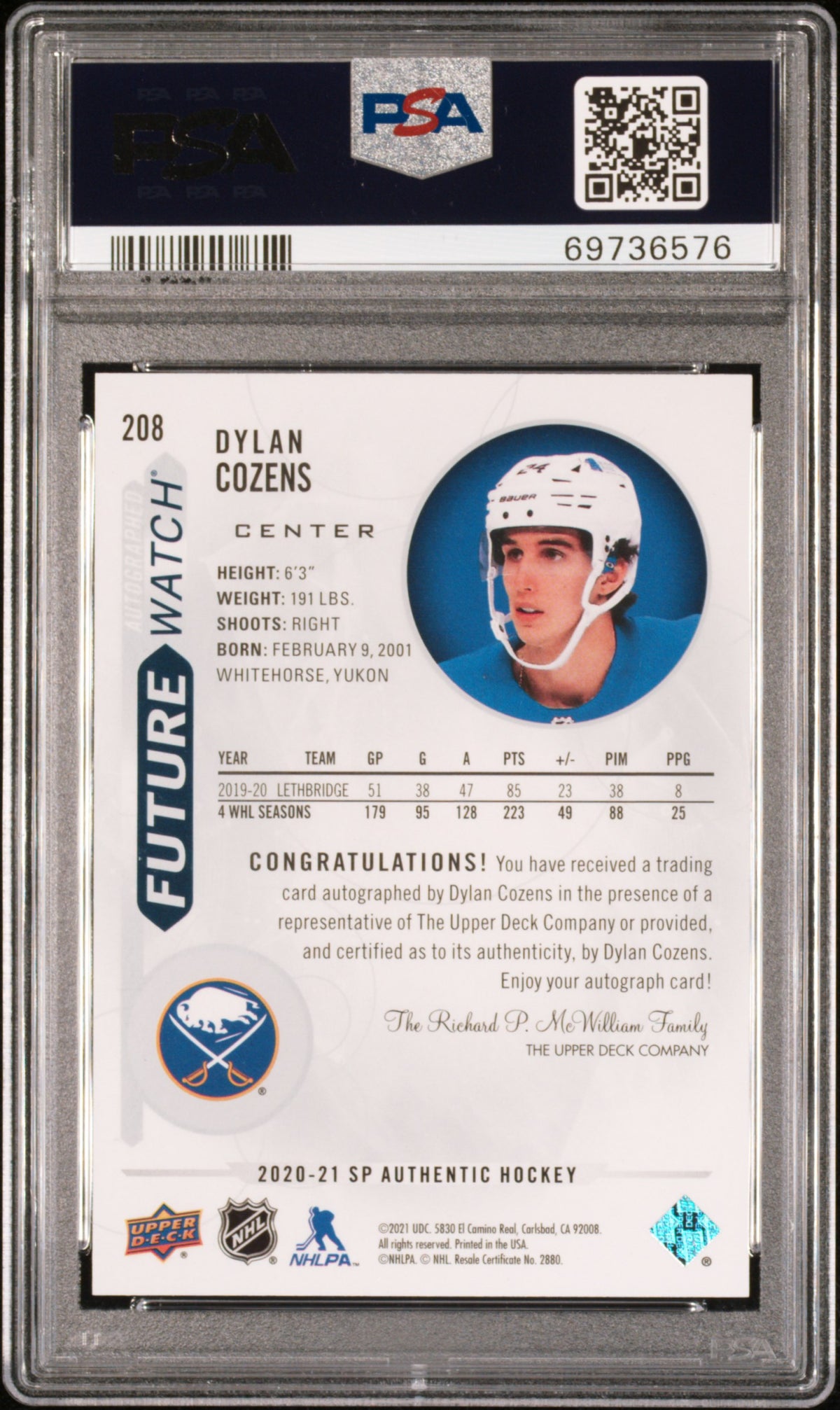 2020 Sp Authentic #208 Dylan Cozens Autograph PSA 9