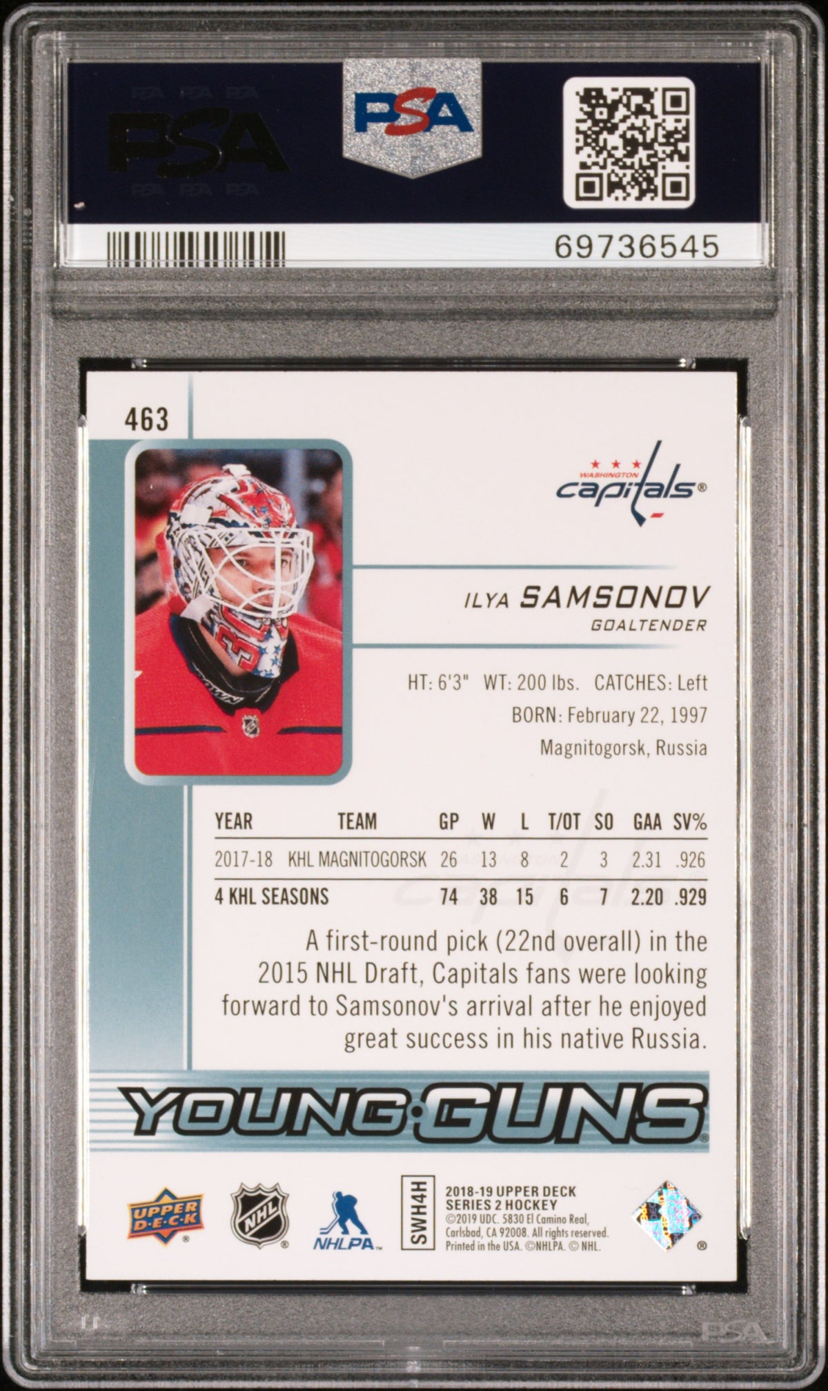 2018 Upper Deck #463 Ilya Samsonov PSA 10