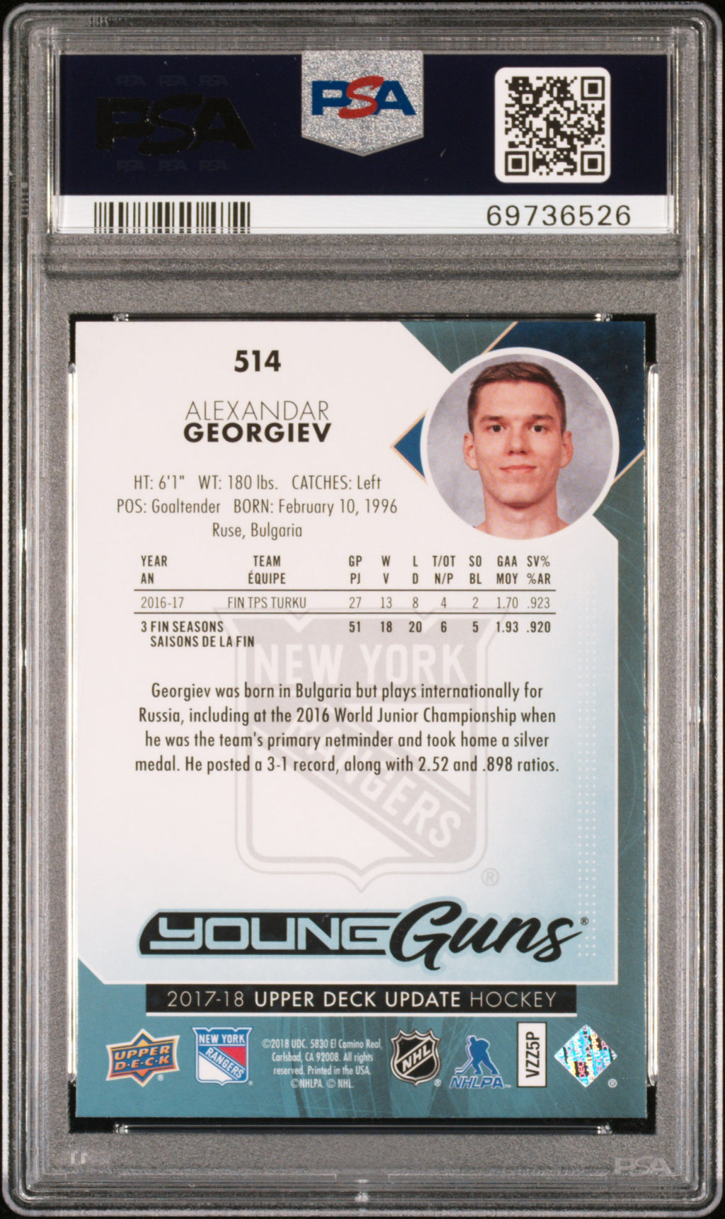 2017 SPA Upper Deck Update #514 Alexandar Georgiev Young Guns PSA 10
