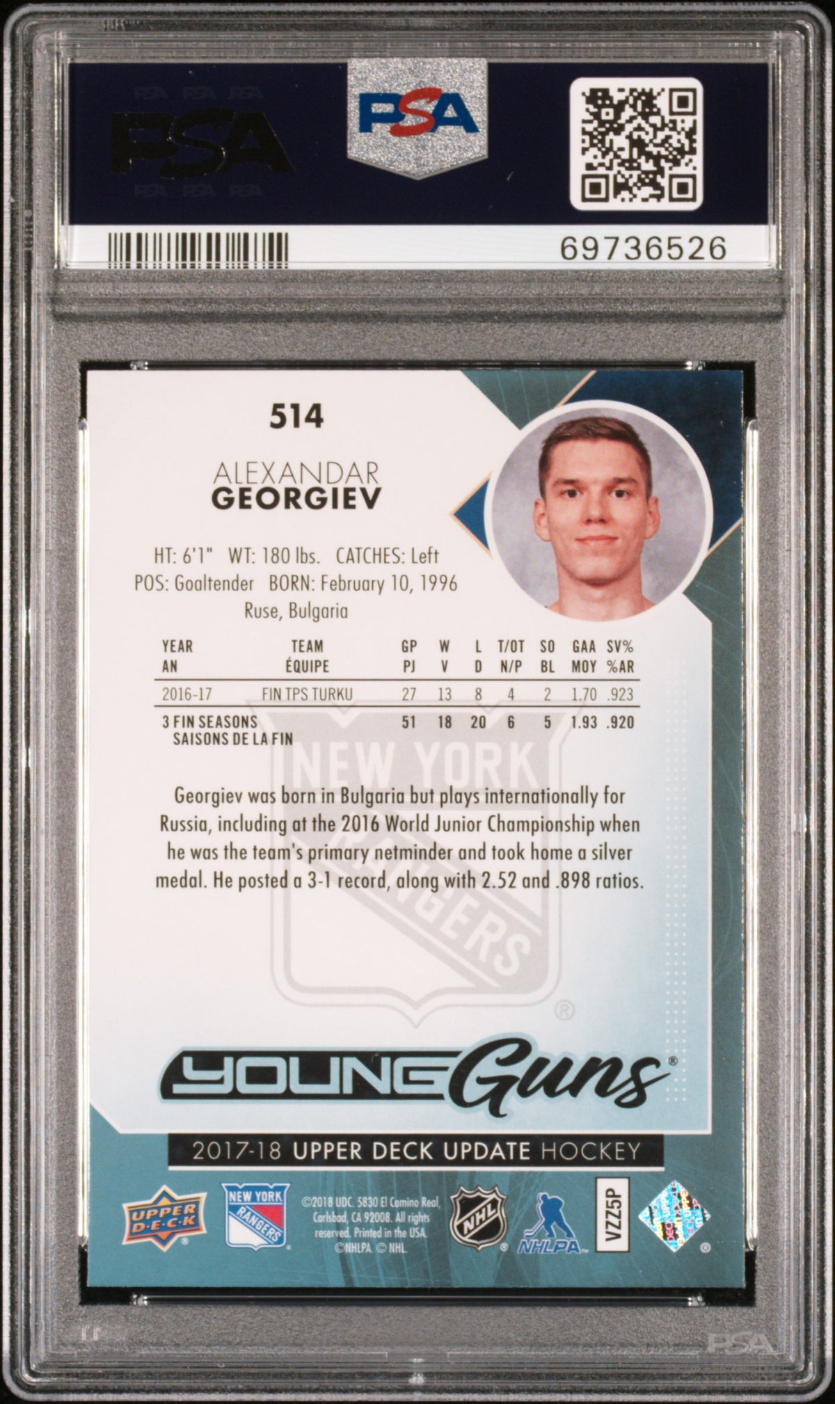 2017 SPA Upper Deck Update #514 Alexandar Georgiev Young Guns PSA 10