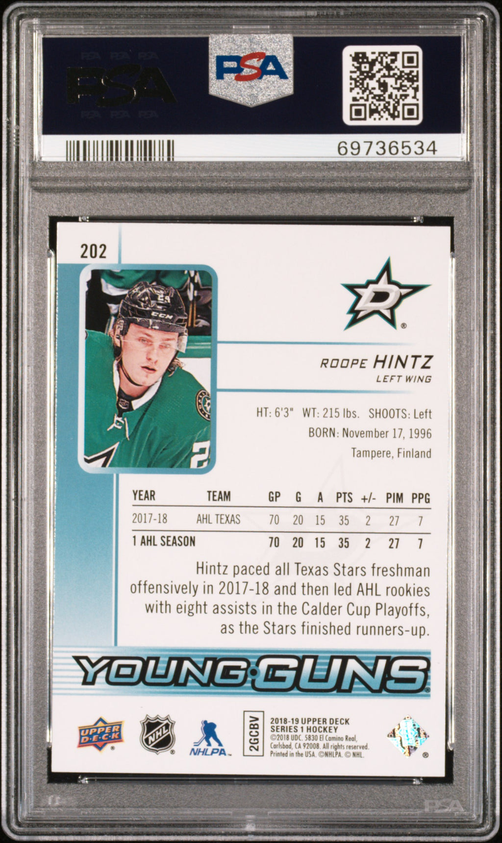 2018 Upper Deck #202 Roope Hintz PSA 10