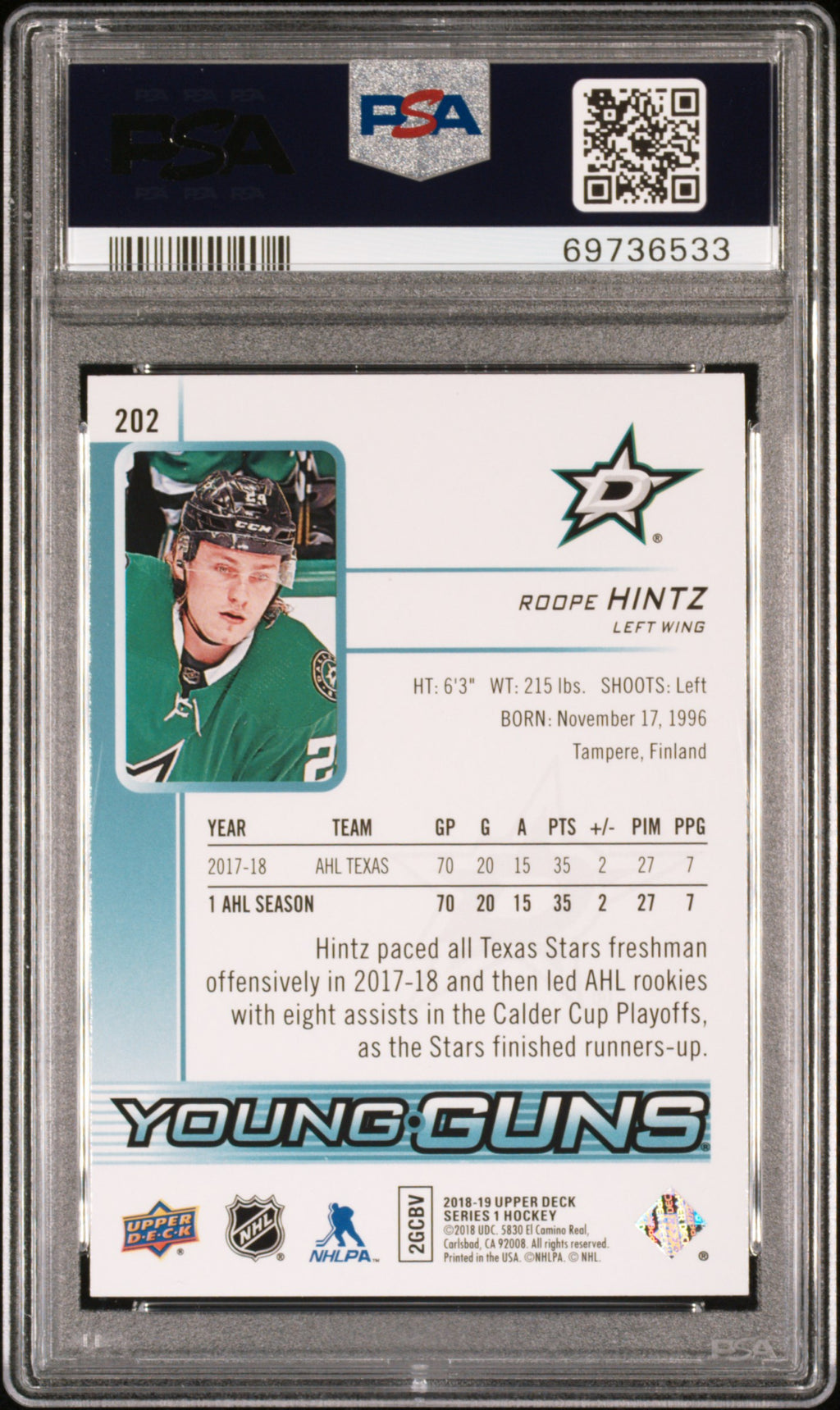 2018 Upper Deck #202 Roope Hintz PSA 10