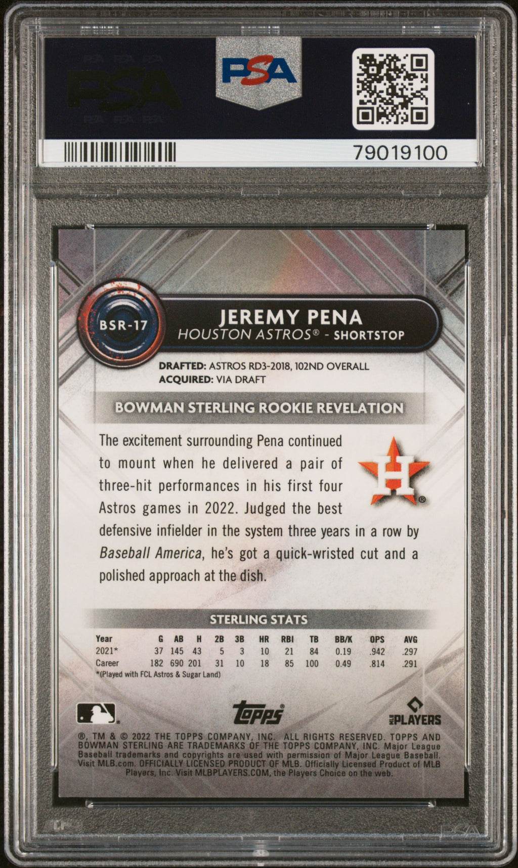 2022 Bowman Sterling #BSR17 Jeremy Pena Gold Refractor PSA 10