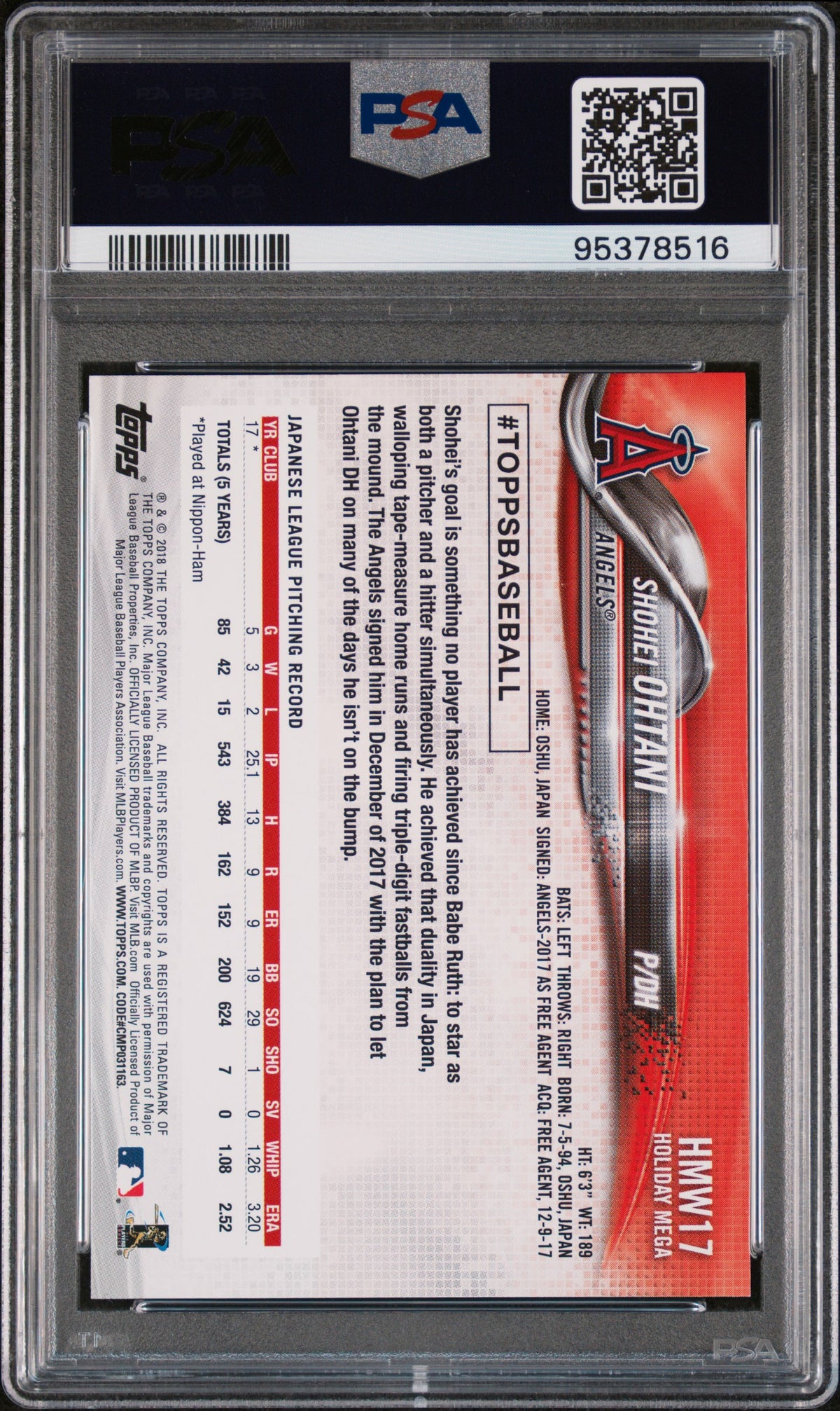 2018 Topps Holiday #17 Shohei Ohtani PSA 8
