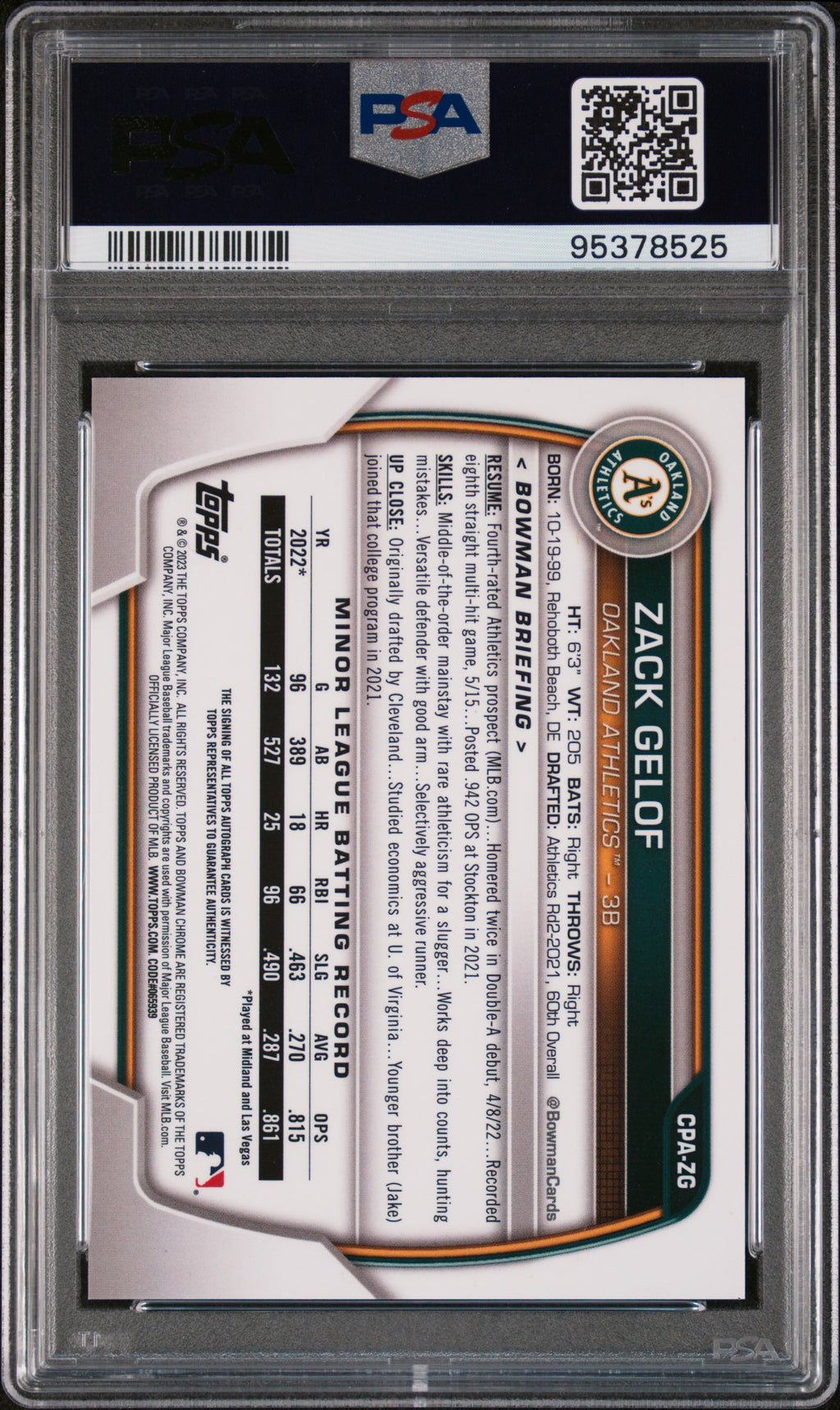 2023 Bowman Chrome Prospect Autographs #CPAZG Zack Gelof Speckle Ref PSA 10