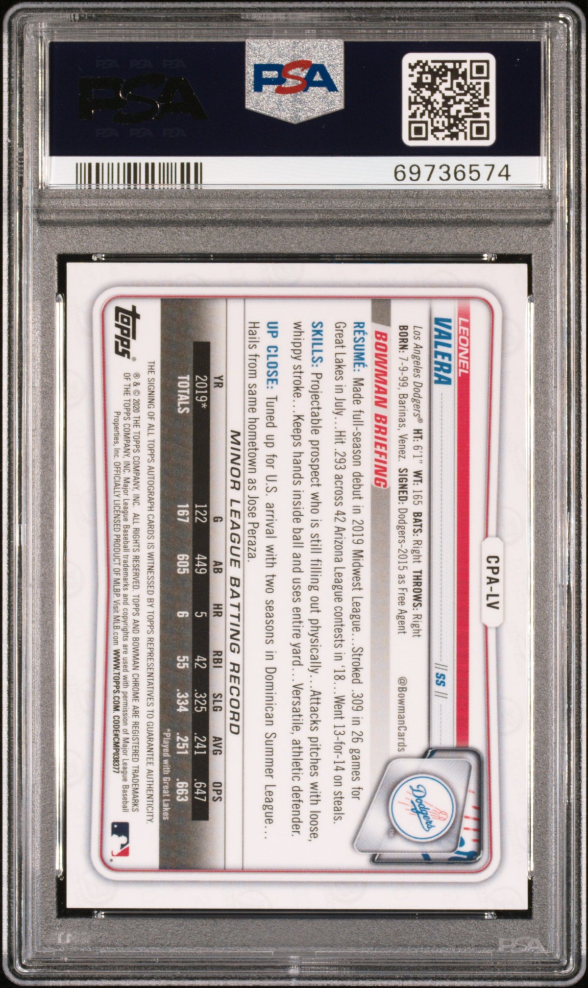 2020 Bowman Chrome Prospect Autographs #CPALV Leonel Valera Green Ref. PSA 10