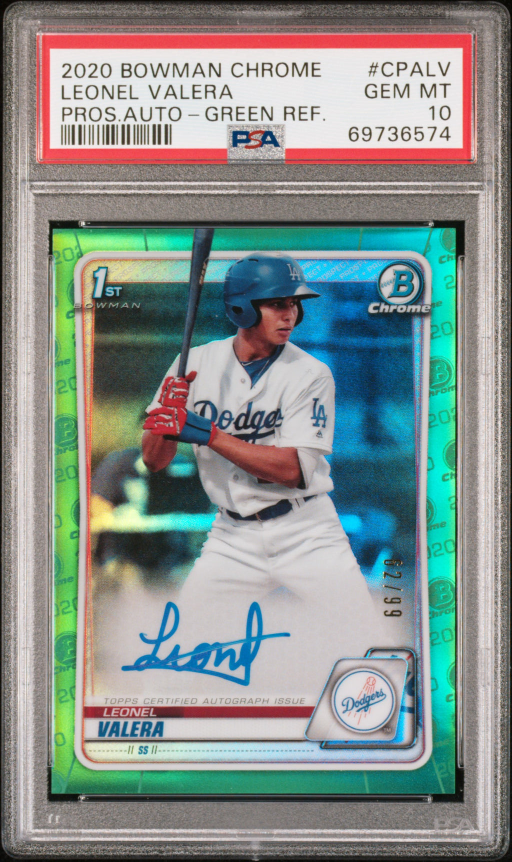 2020 Bowman Chrome Prospect Autographs #CPALV Leonel Valera Green Ref. PSA 10