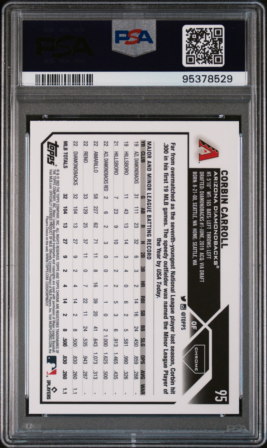 2023 Topps Chrome #95 Corbin Carroll Pink Refractor PSA 9
