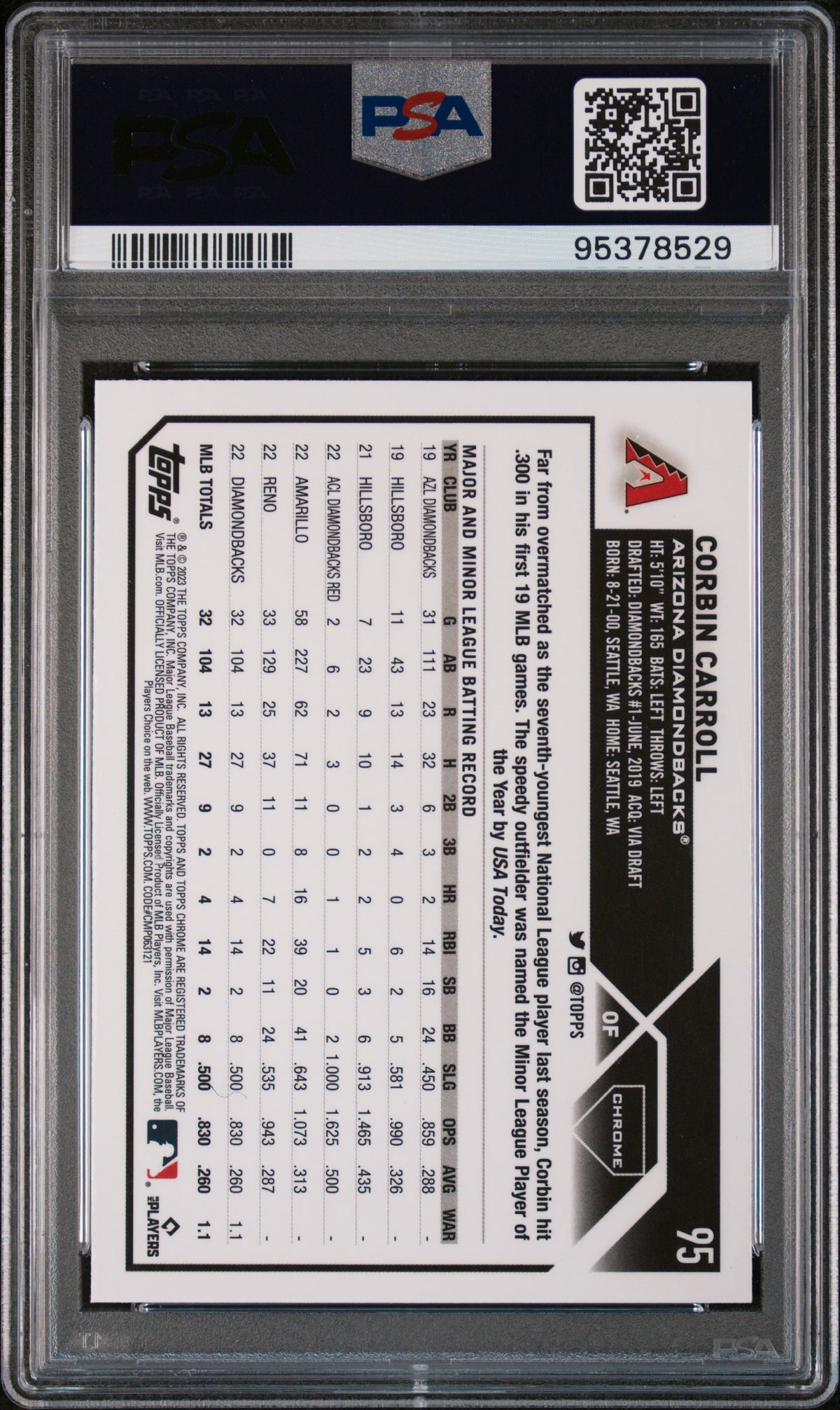 2023 Topps Chrome #95 Corbin Carroll Pink Refractor PSA 9