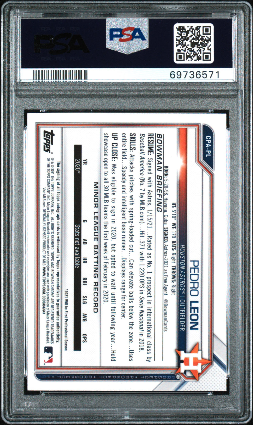 2021 Bowman Chrome Prospect Autographs #CPAPL Pedro Leon Yellow Ref. PSA 6