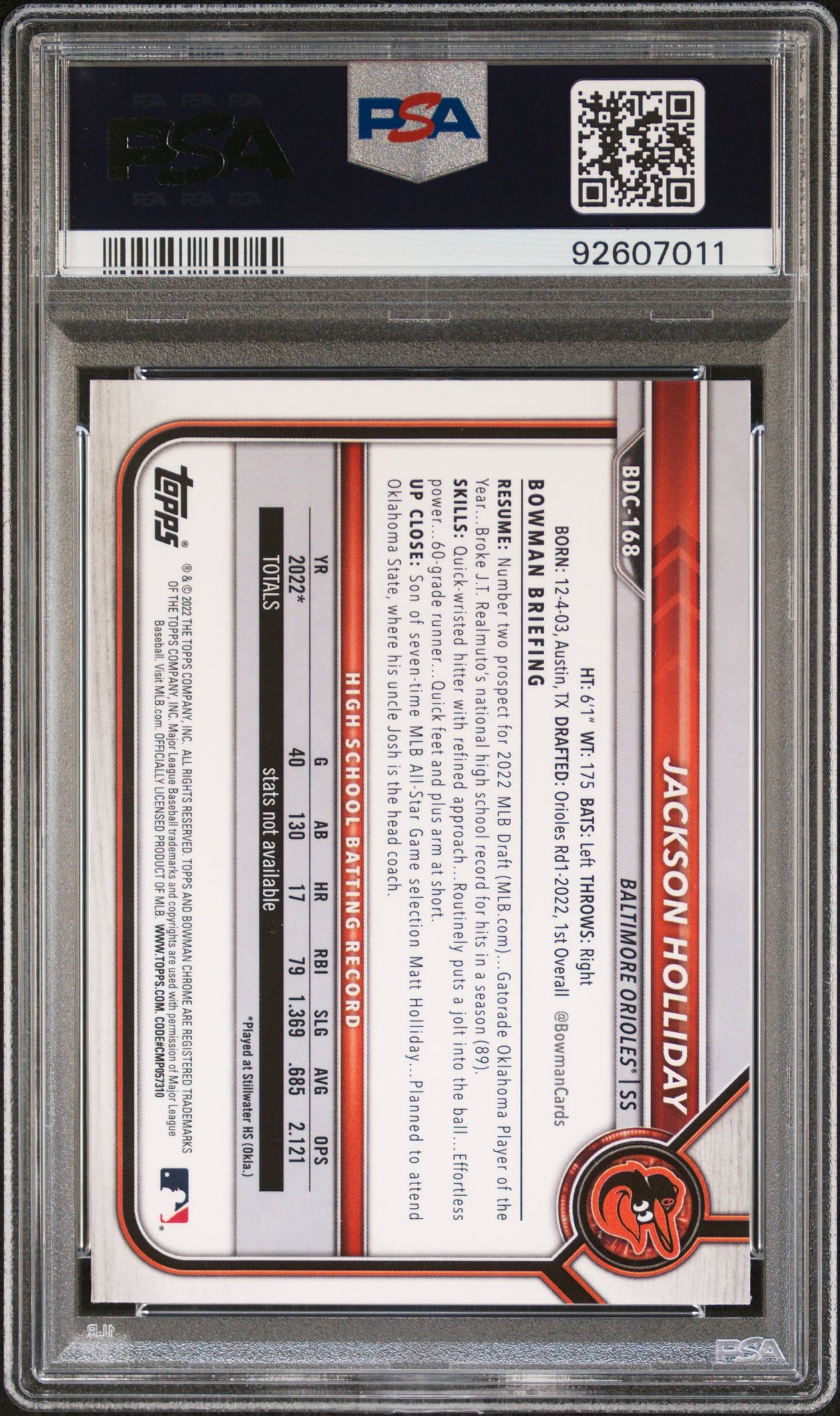 2022 Bowman Draft #BDC168 Jackson Holliday Chrome PSA 9