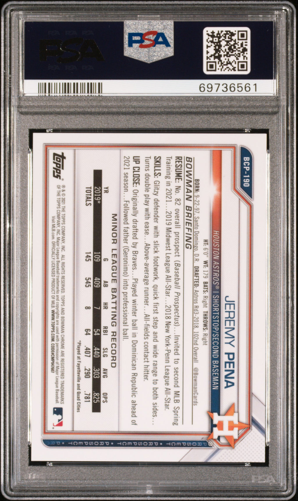 2021 Bowman Chrome Prospects #BCP190 Jeremy Pena Pros-Orange Shimmer Ref. PSA 9