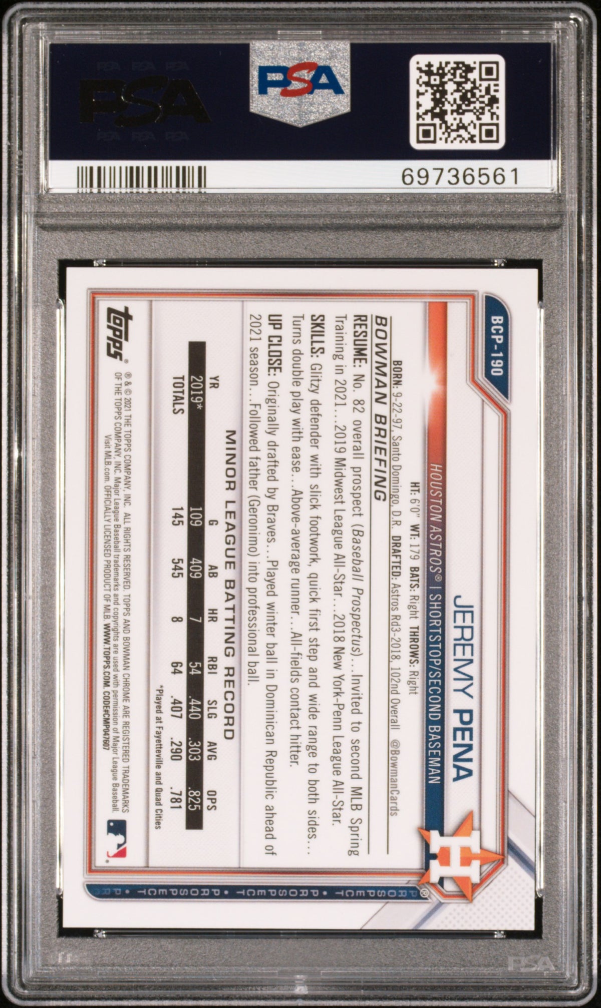 2021 Bowman Chrome Prospects #BCP190 Jeremy Pena Pros-Orange Shimmer Ref. PSA 9