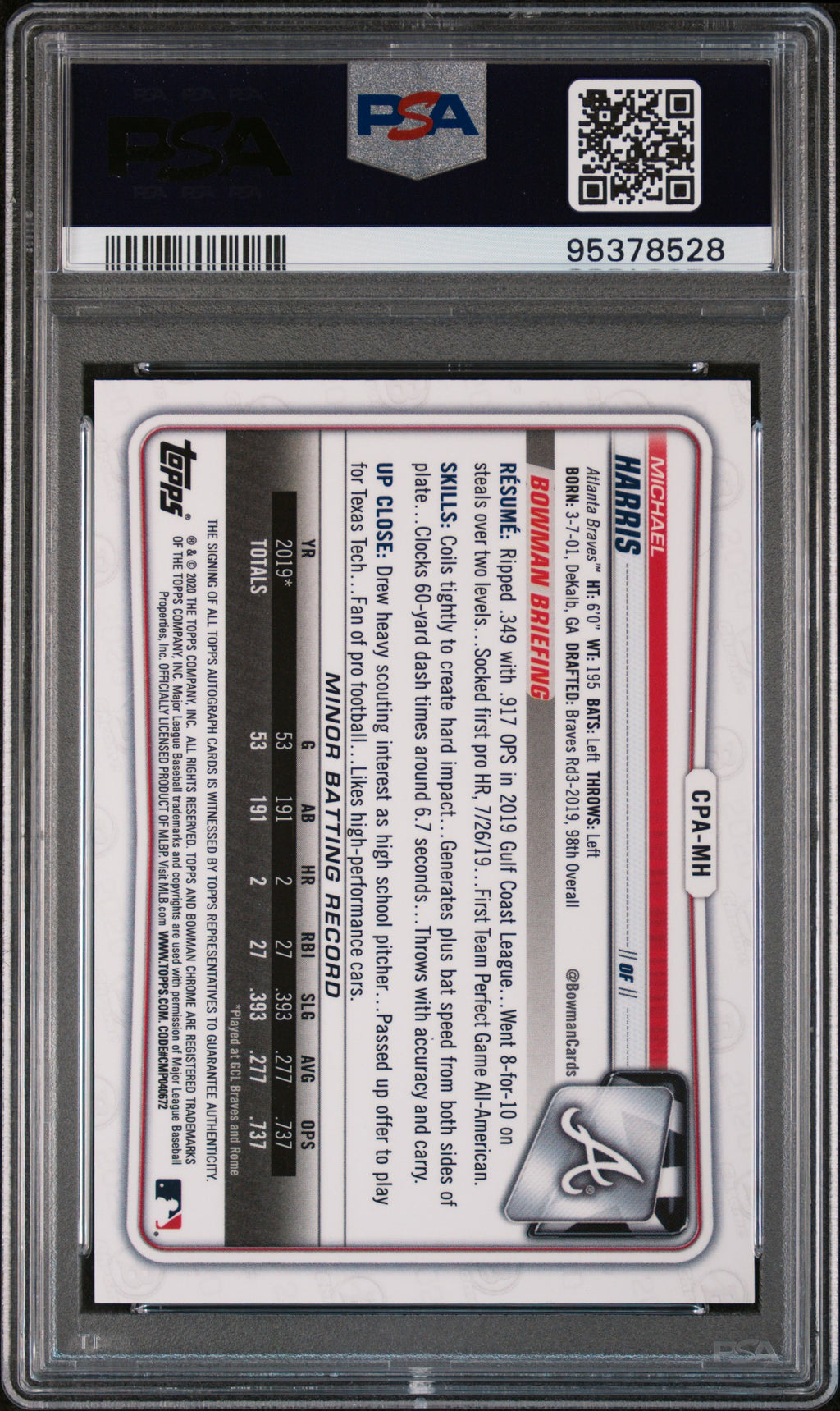 2020 Bowman Chrome Prospect Autographs #CPAMH Michael Harris PSA 6