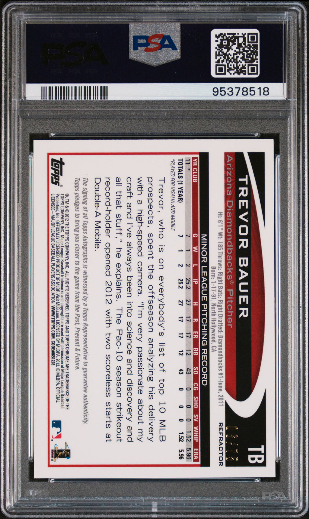 2012 Topps Chrome #TB Trevor Bauer Autograph-Sepia Refractor PSA 6 #/6