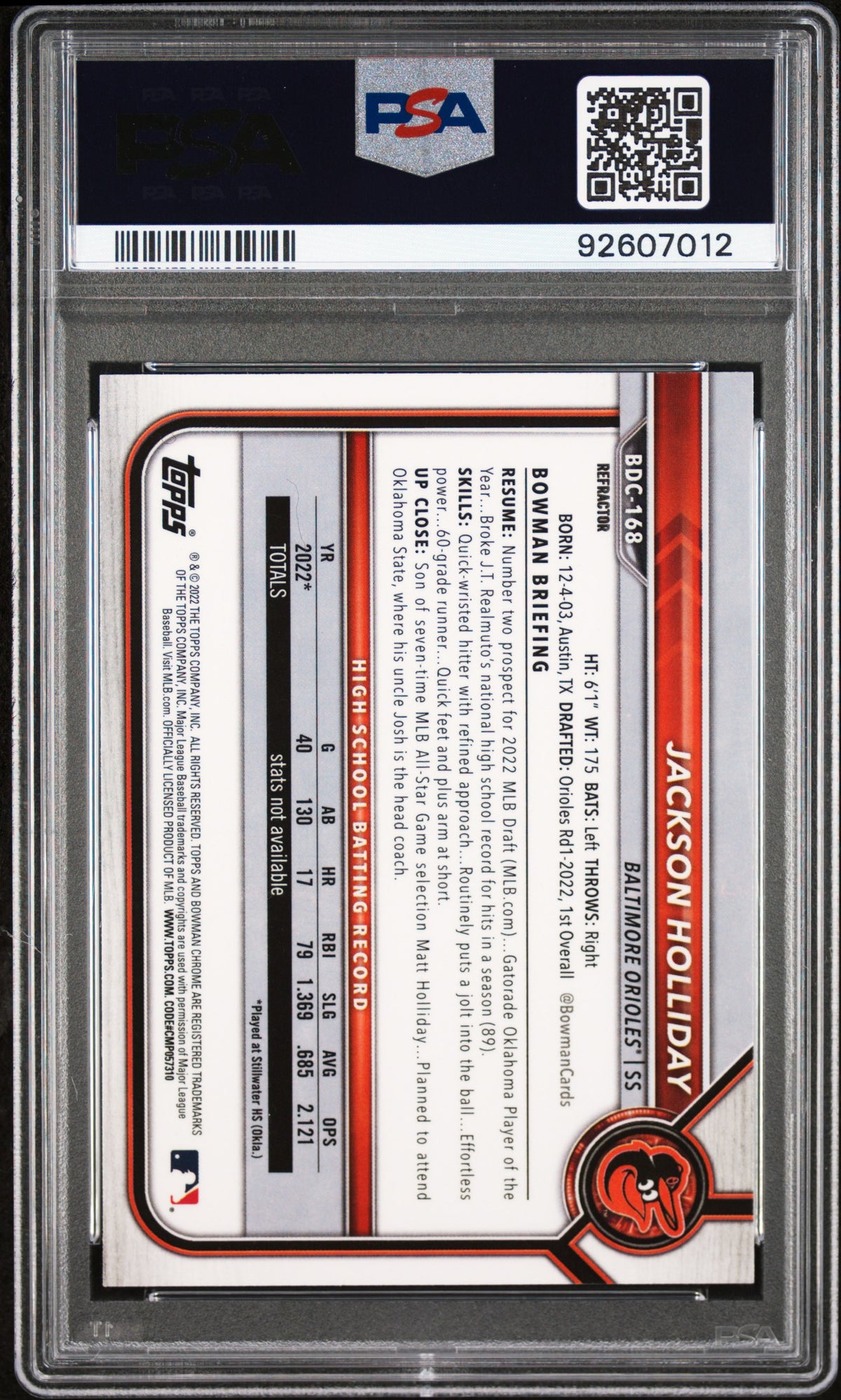 2022 Bowman Draft #BDC168 Jackson Holliday Chrome-Refractor PSA 10