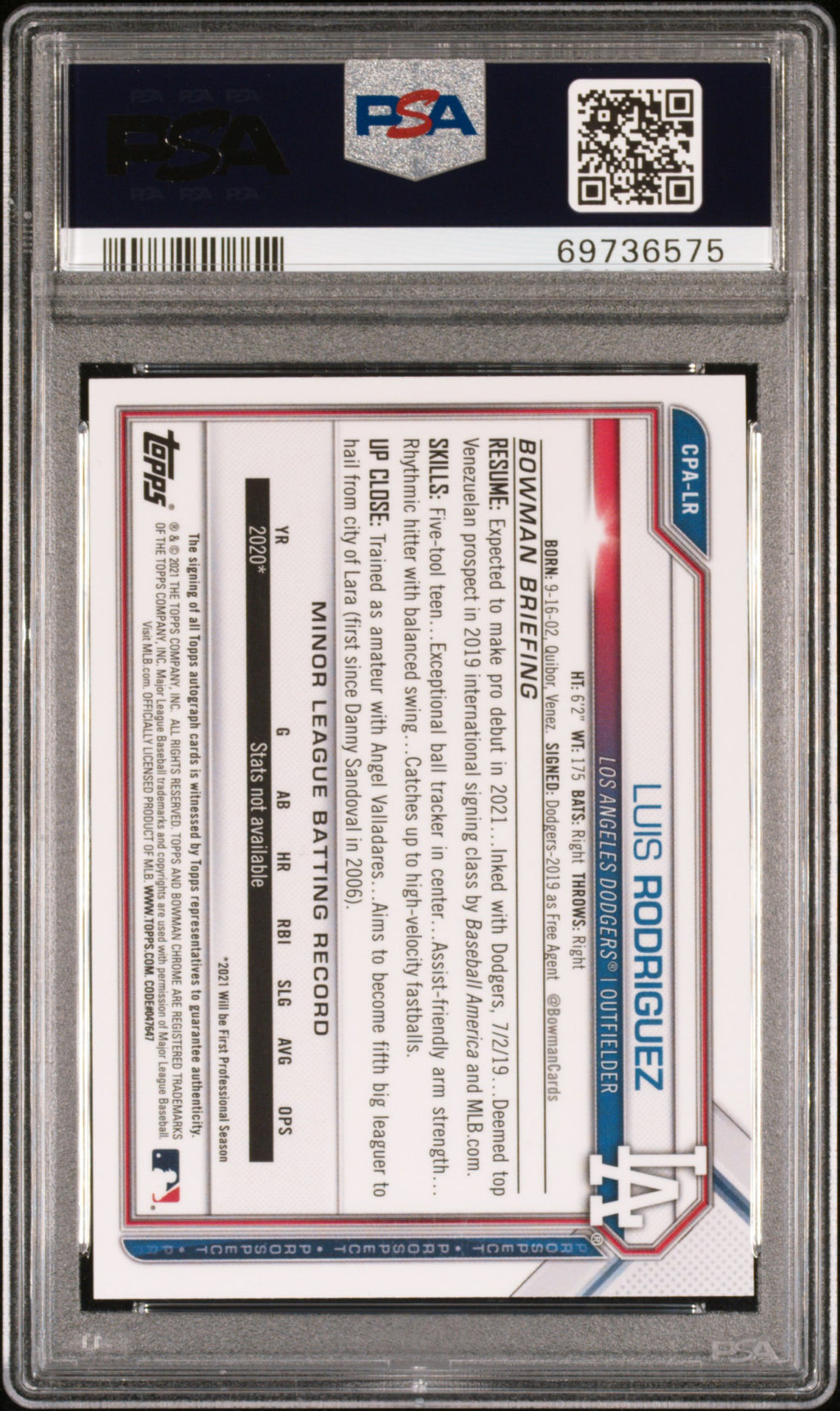 2021 Bowman Chrome Prospect Autographs #CPALR Luis Rodriguez PSA 10