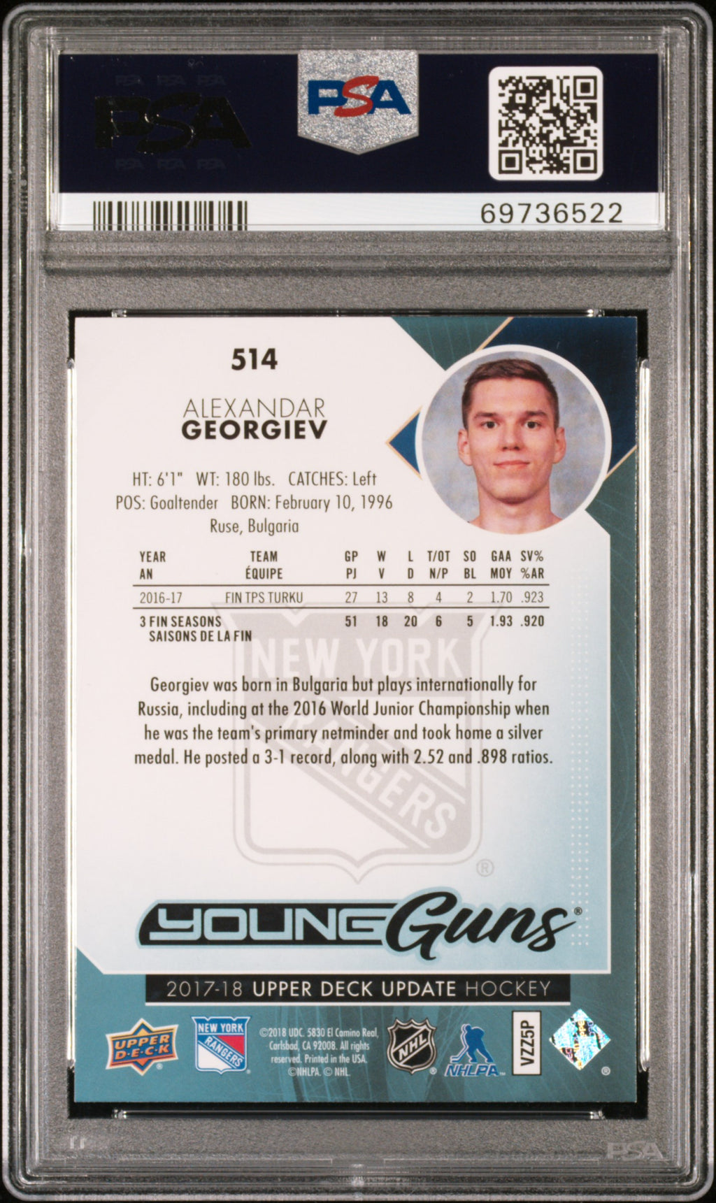 2017 Sp Authentic Upper Deck Update #514 Alexandar Georgiev Young Guns PSA 10