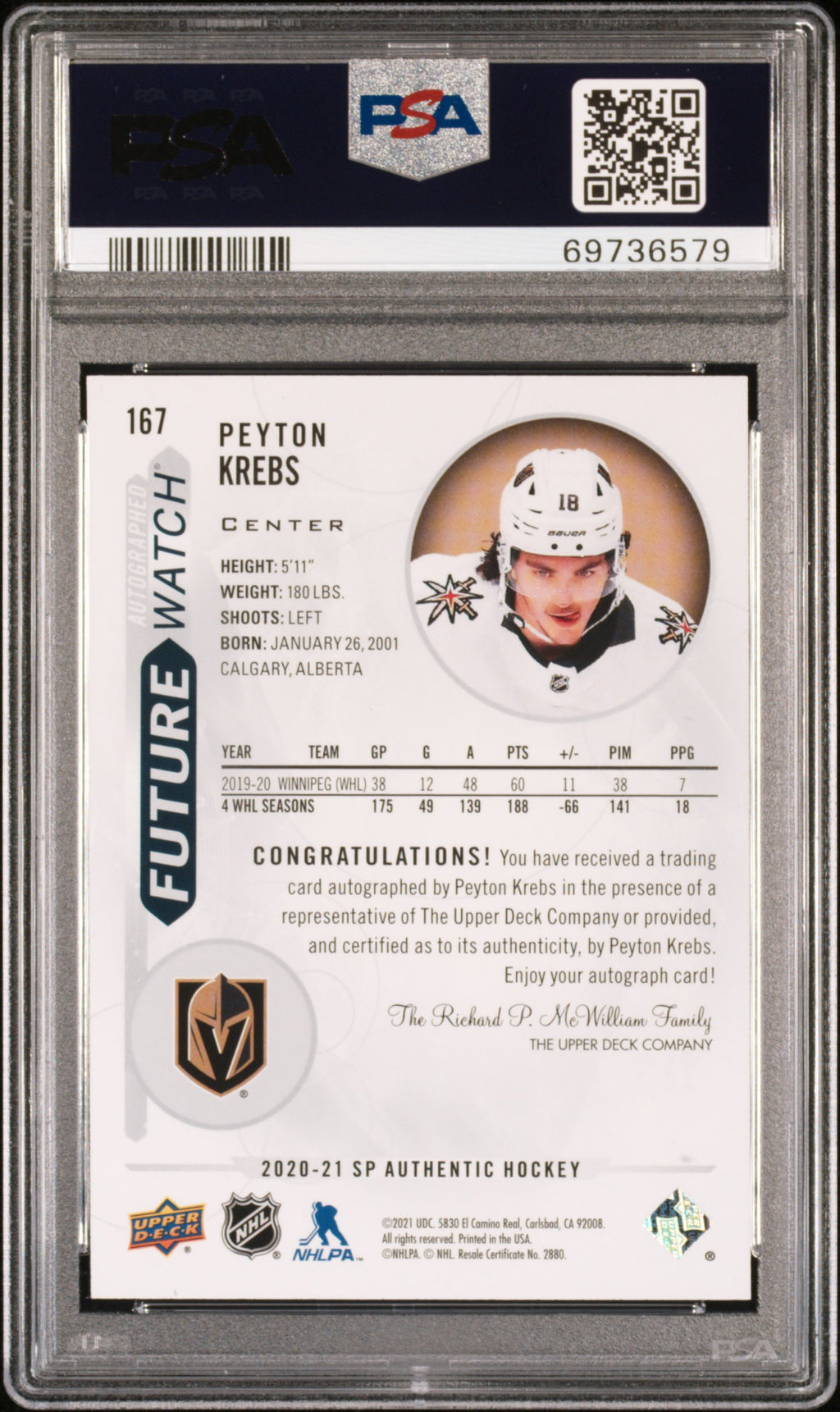2020 Sp Authentic #167 Peyton Krebs Autograph PSA 10