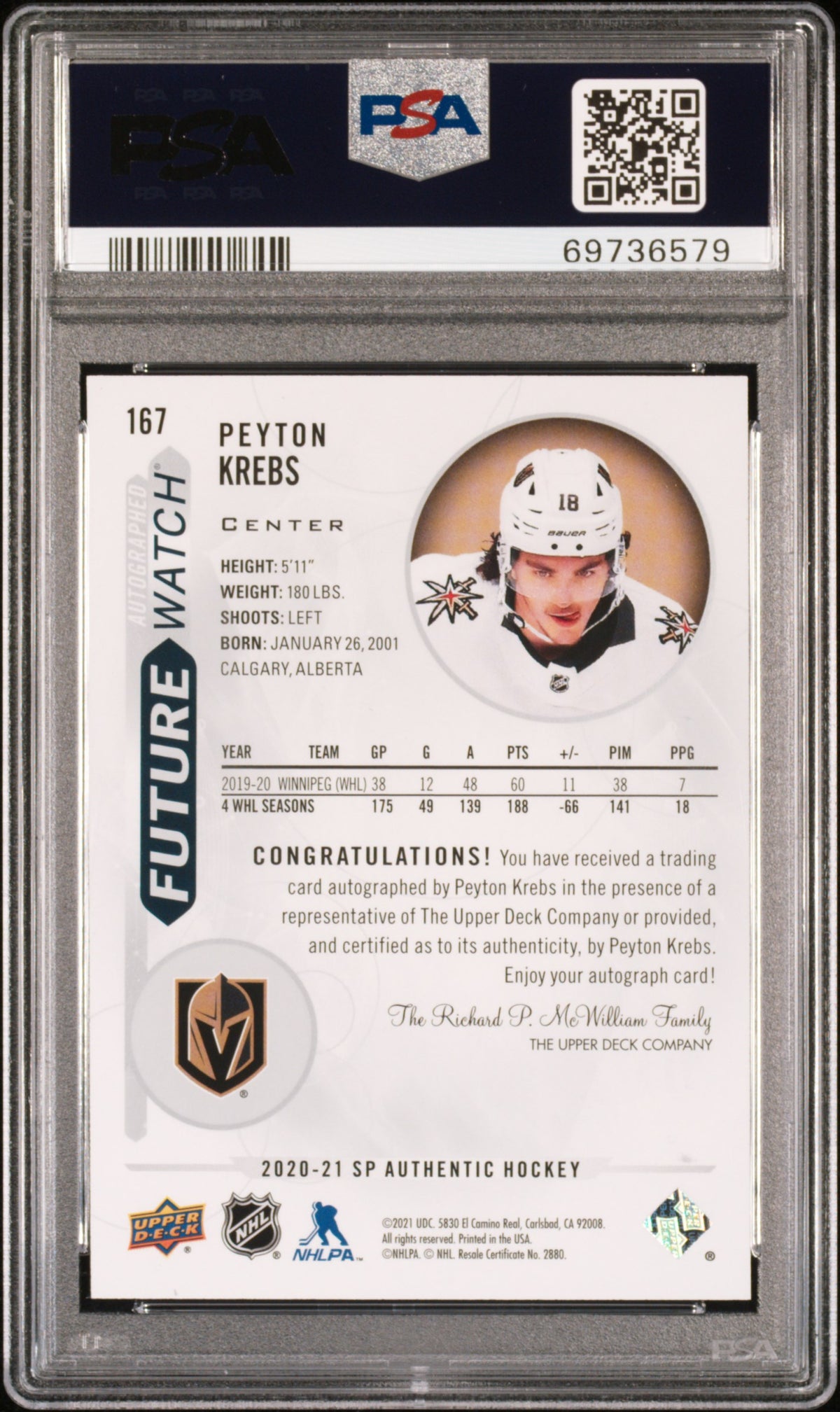 2020 Sp Authentic #167 Peyton Krebs Autograph PSA 10